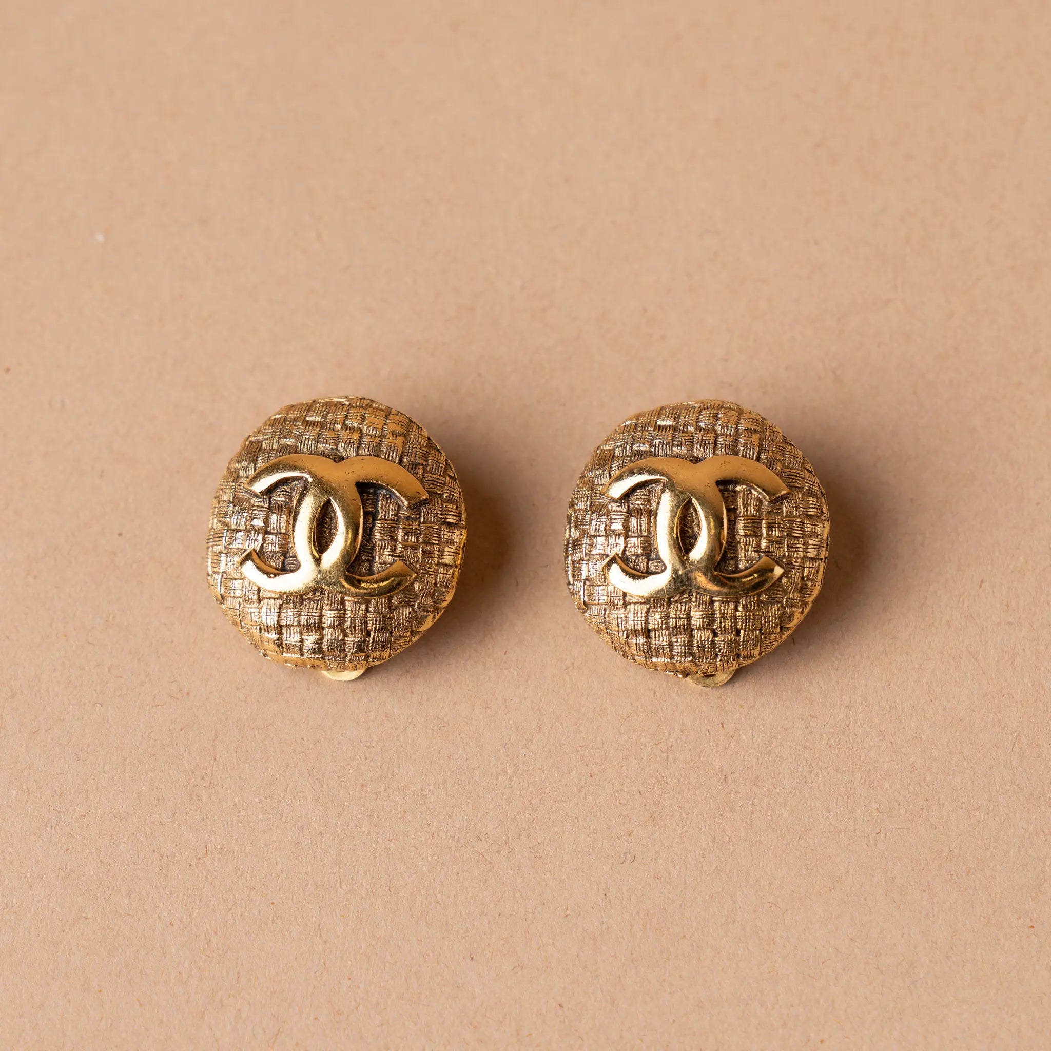 Chanel CC Gold Plated Textured Round Clip On Earrings — Featured Image