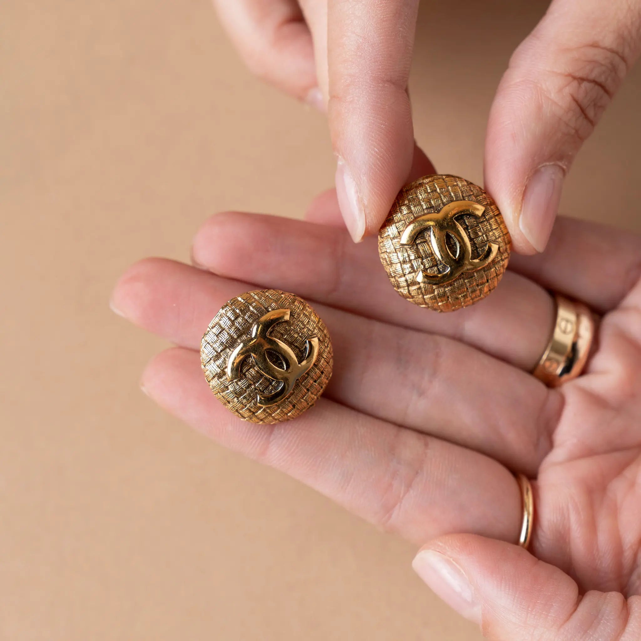 Chanel CC Gold Plated Textured Round Clip On Earrings — Back View