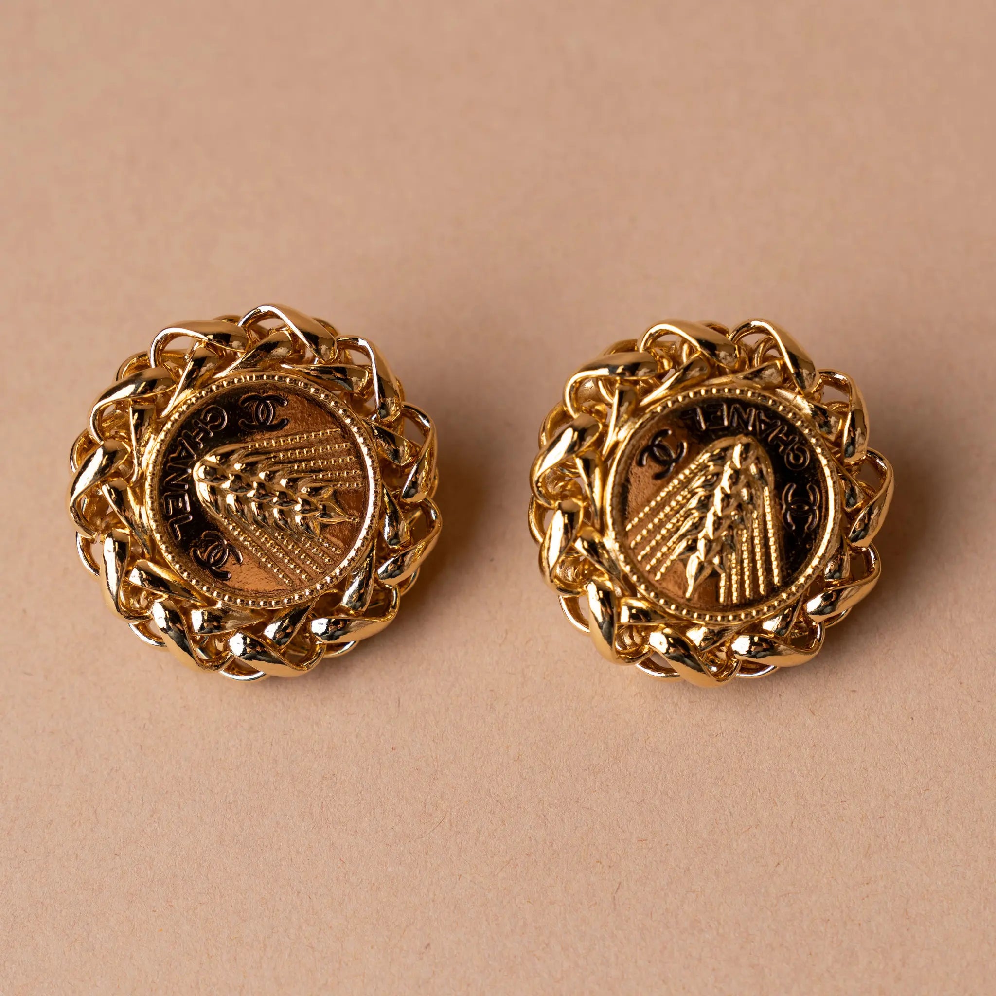 Chanel CC Gold Plated Wheat Medallion Clip On Earrings — Side Profile
