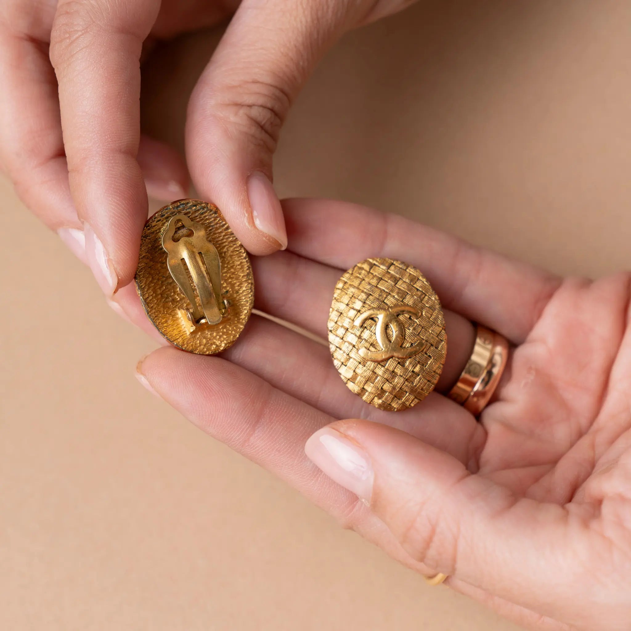 Chanel CC Gold Plated Woven Oval Clip on Earrings — Front View