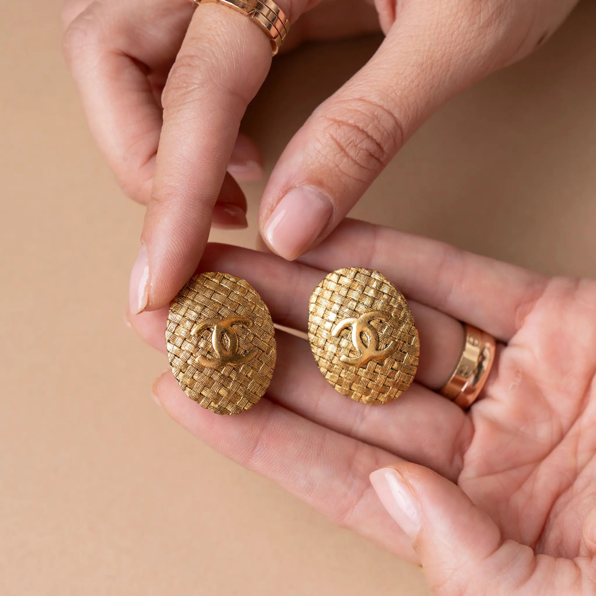 Chanel CC Gold Plated Woven Oval Clip on Earrings — Back View
