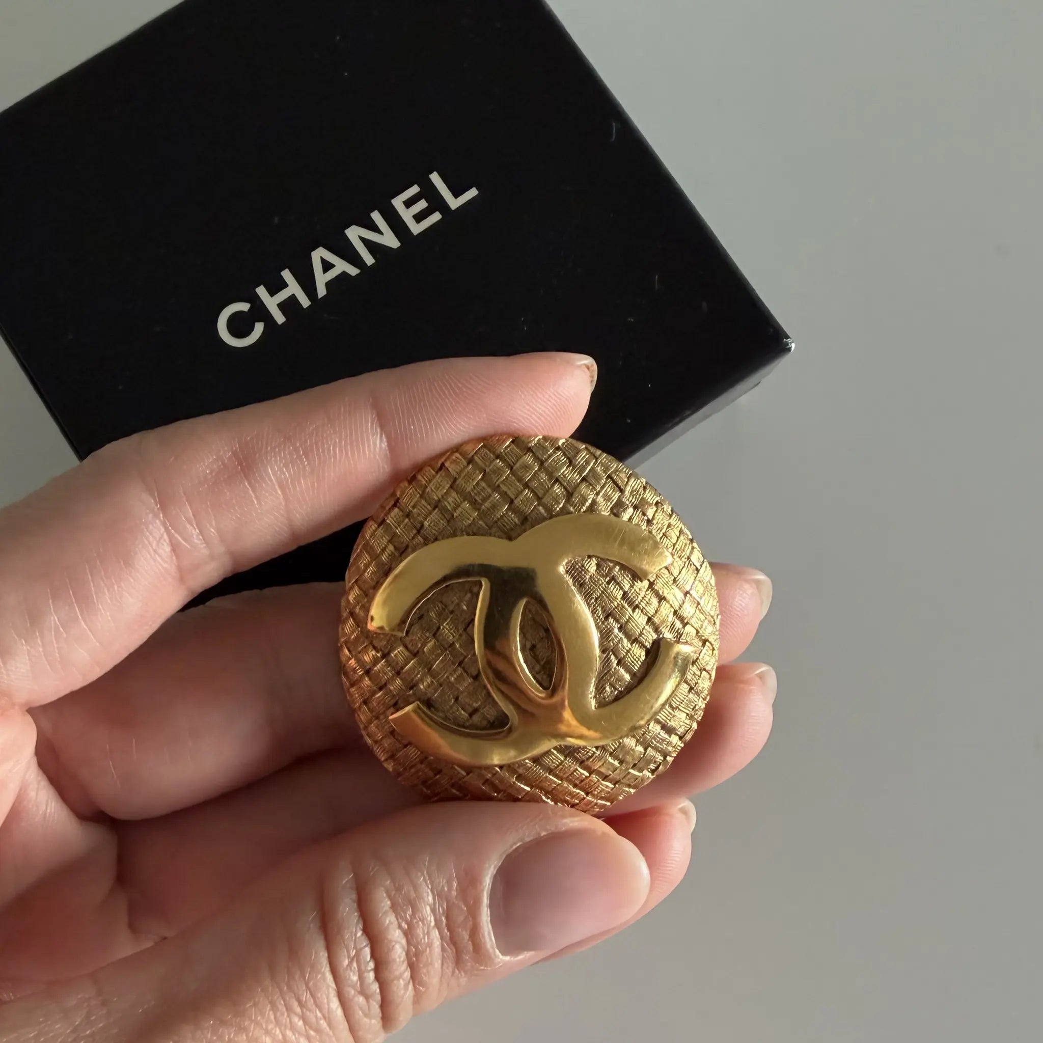Chanel CC Gold Plated Woven Round Brooch — Back View