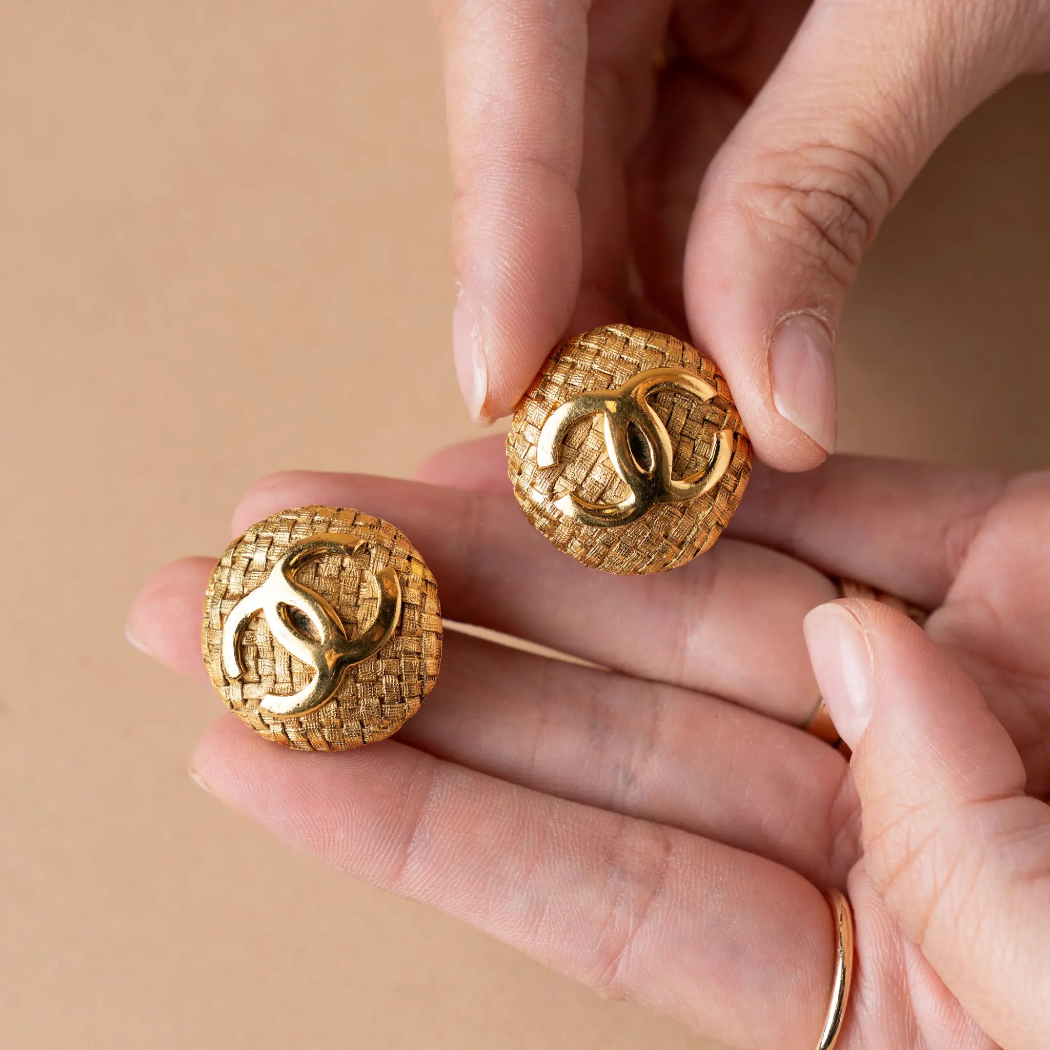 Chanel CC Gold Plated Woven Round Clip On Earrings — Back View
