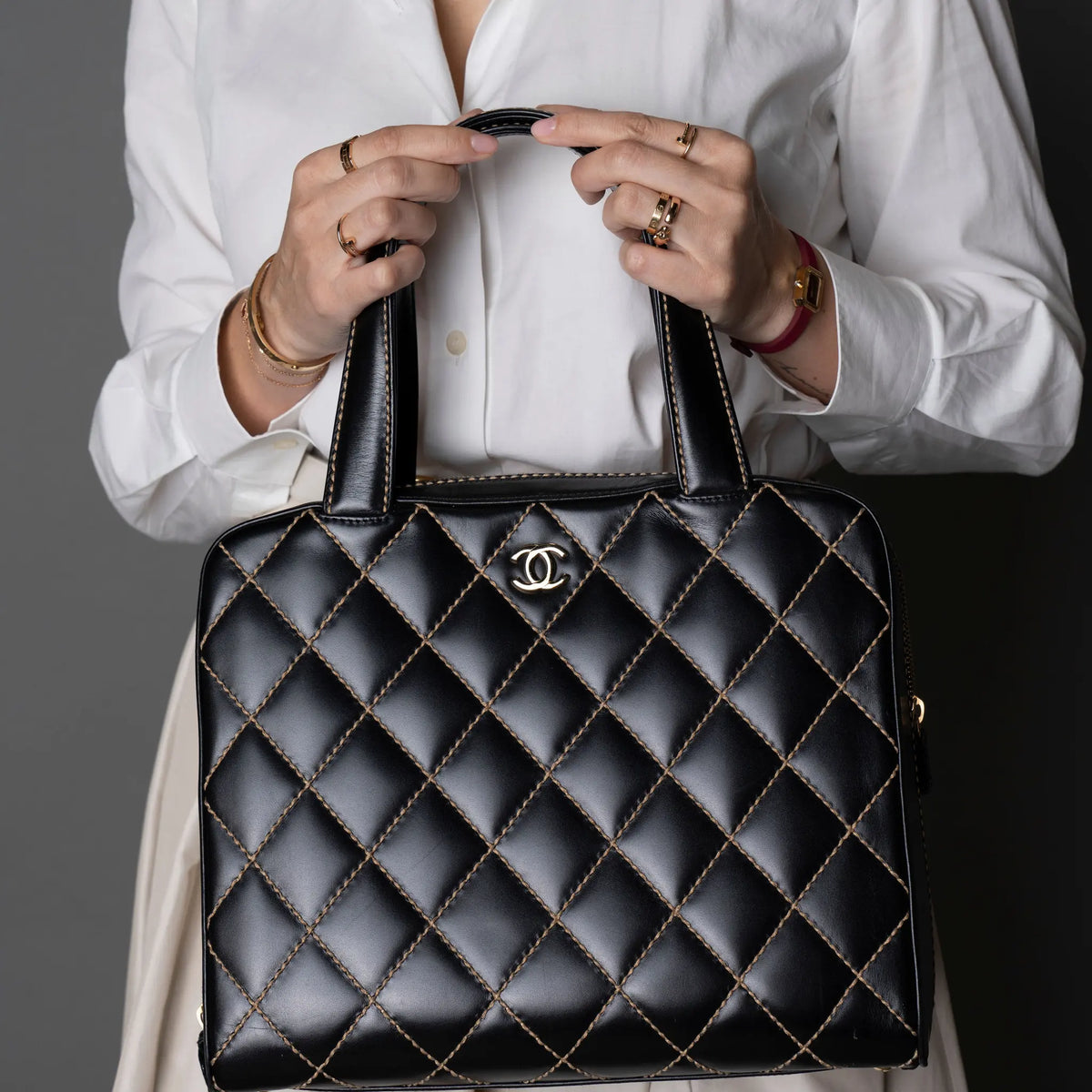 Chanel CC Lambskin Wild Stitch Handbag — Close-up Detail