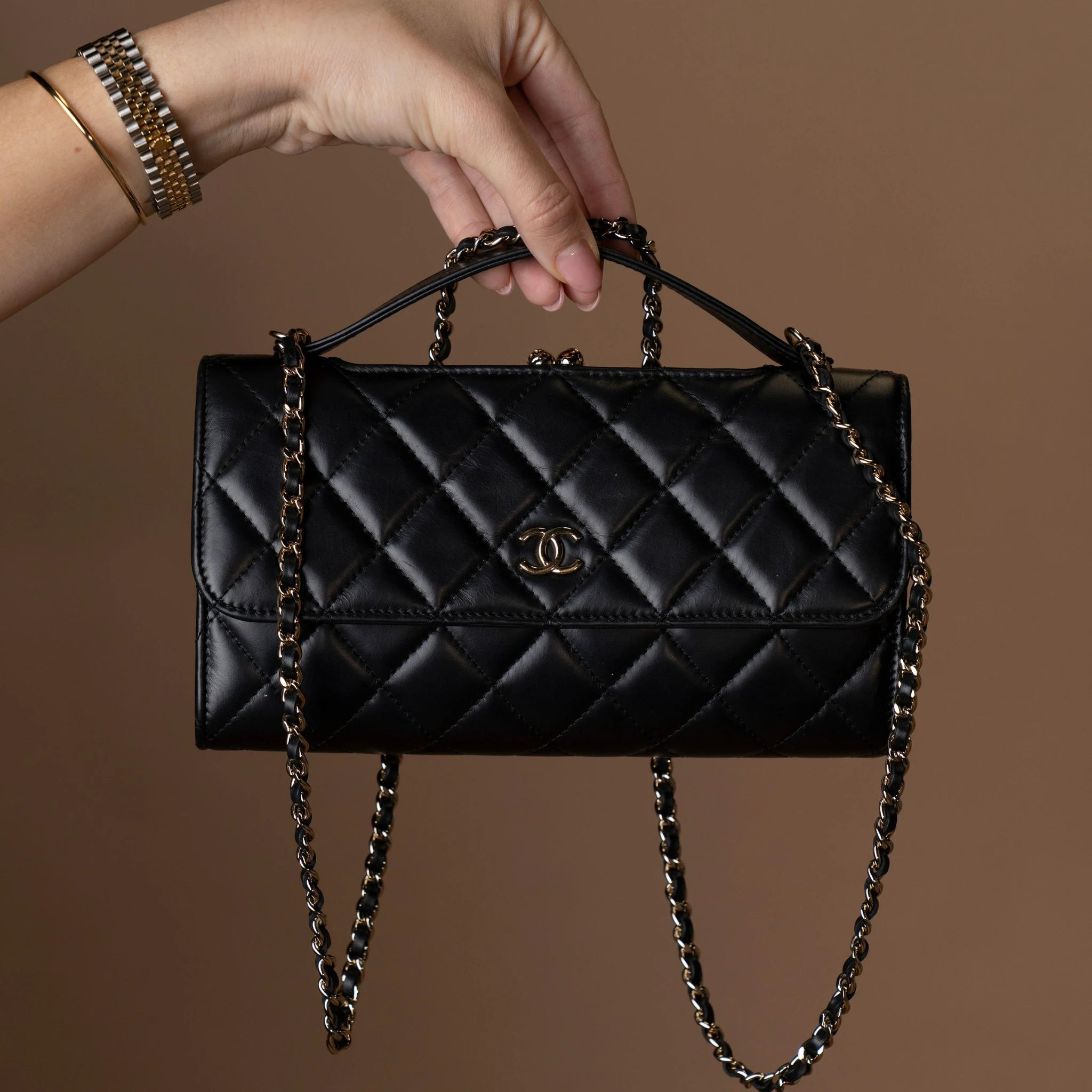 Chanel CC Quilted Calfskin Kiss Lock Flap Phone Holder On Chain