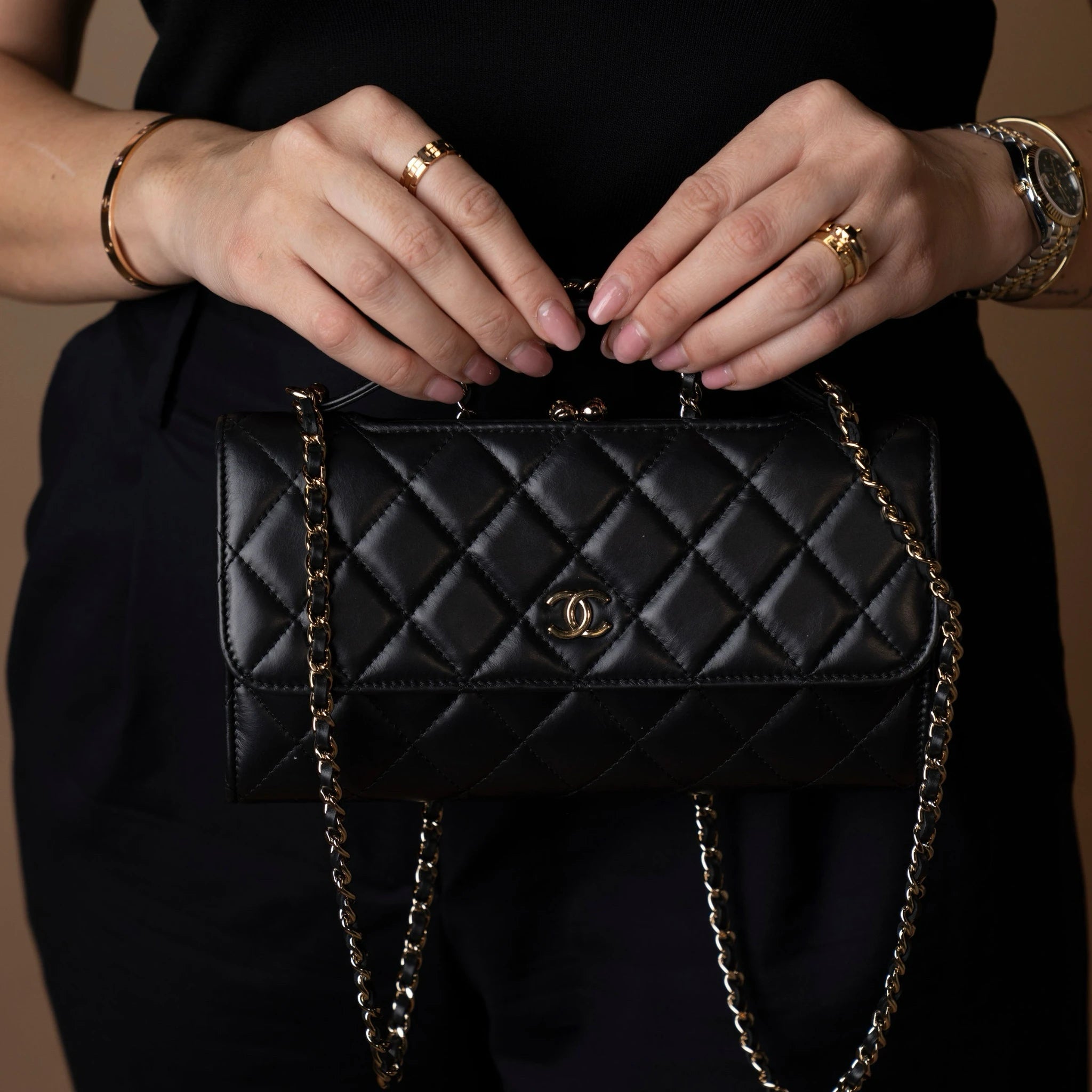 Chanel CC Quilted Calfskin Kiss Lock Flap Phone Holder On Chain