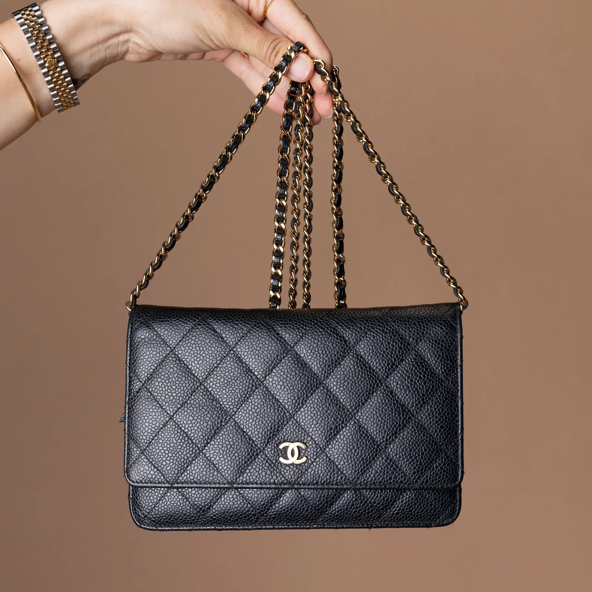 Chanel CC Quilted Caviar Wallet on Chain — Front View