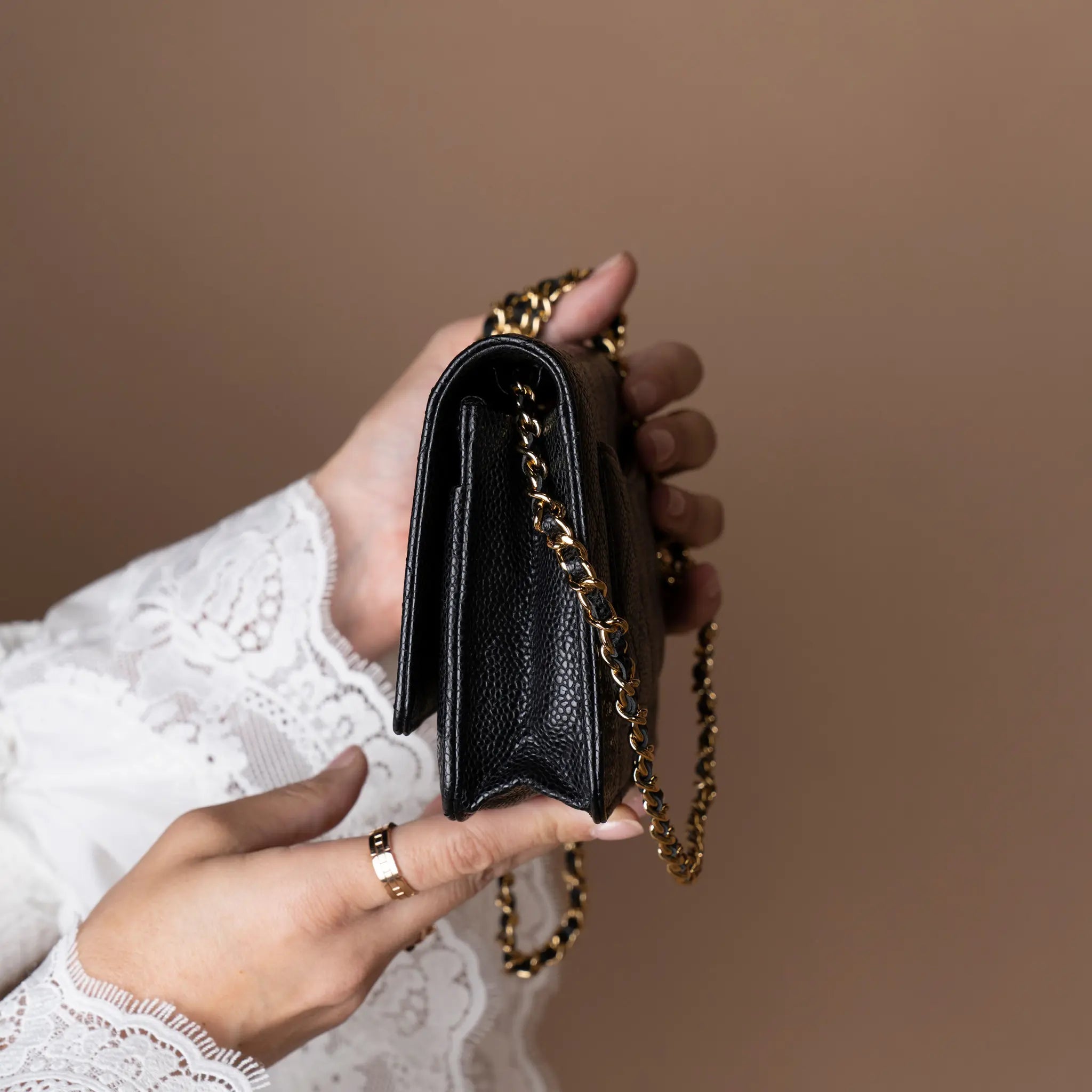 Chanel CC Quilted Caviar Wallet on Chain — Front View