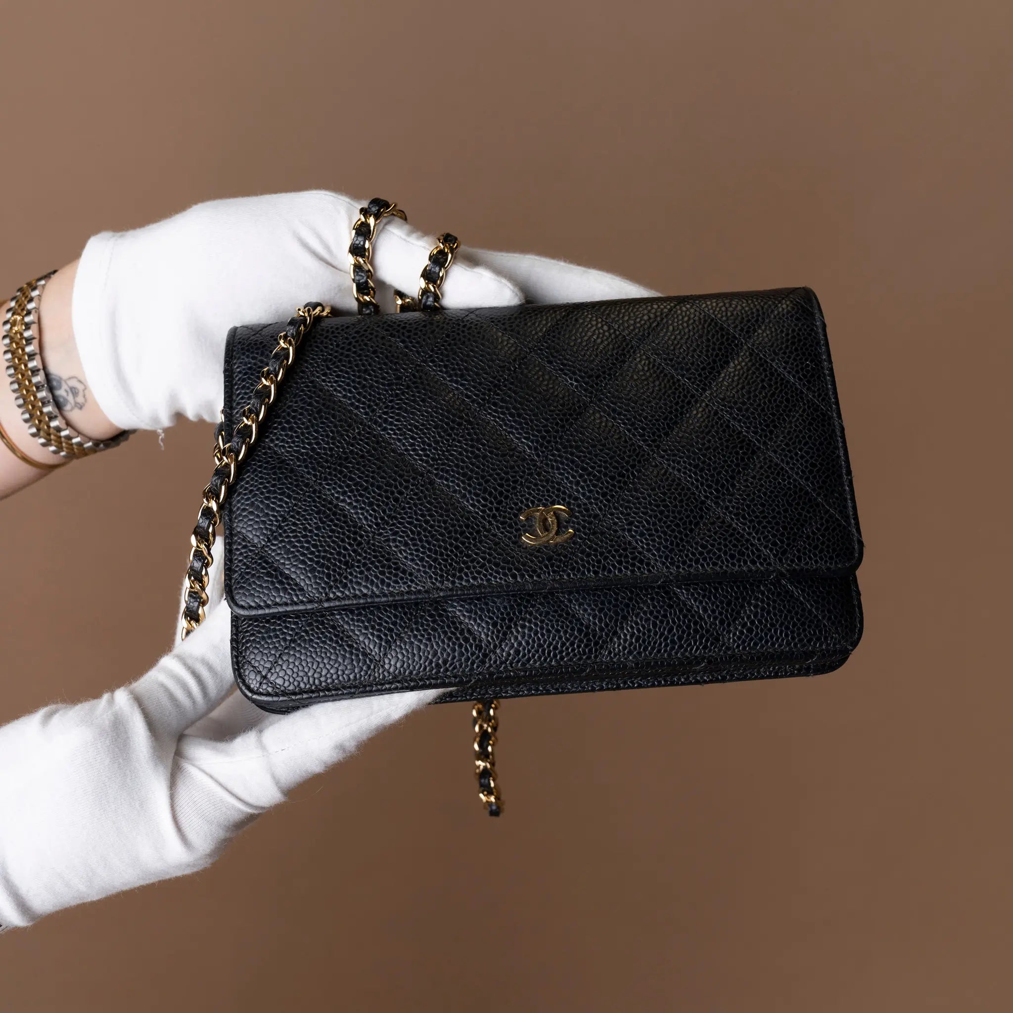 Chanel CC Quilted Caviar Wallet on Chain — Side Profile