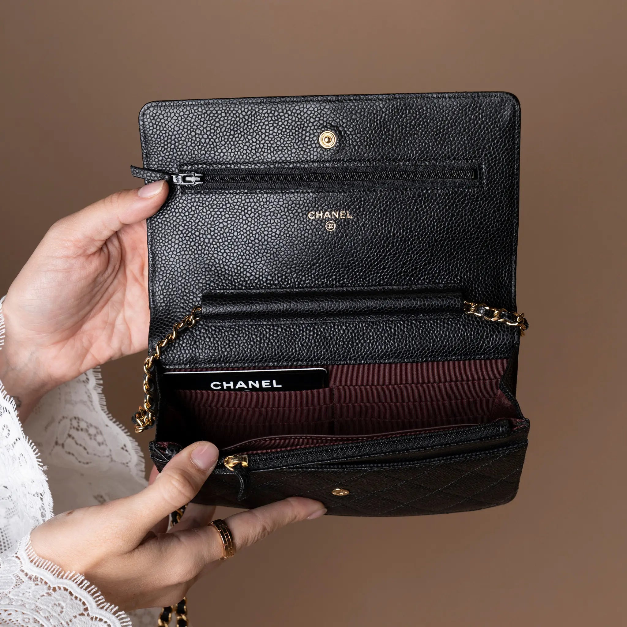 Chanel CC Quilted Caviar Wallet on Chain — Back View