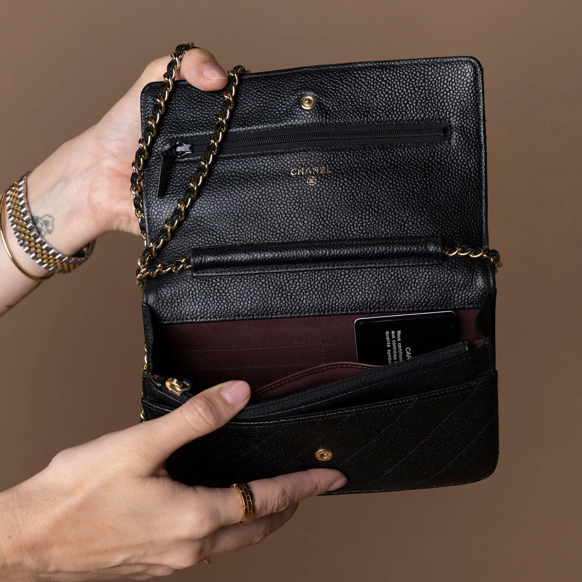 Chanel CC Quilted Caviar Wallet on Chain — Back View