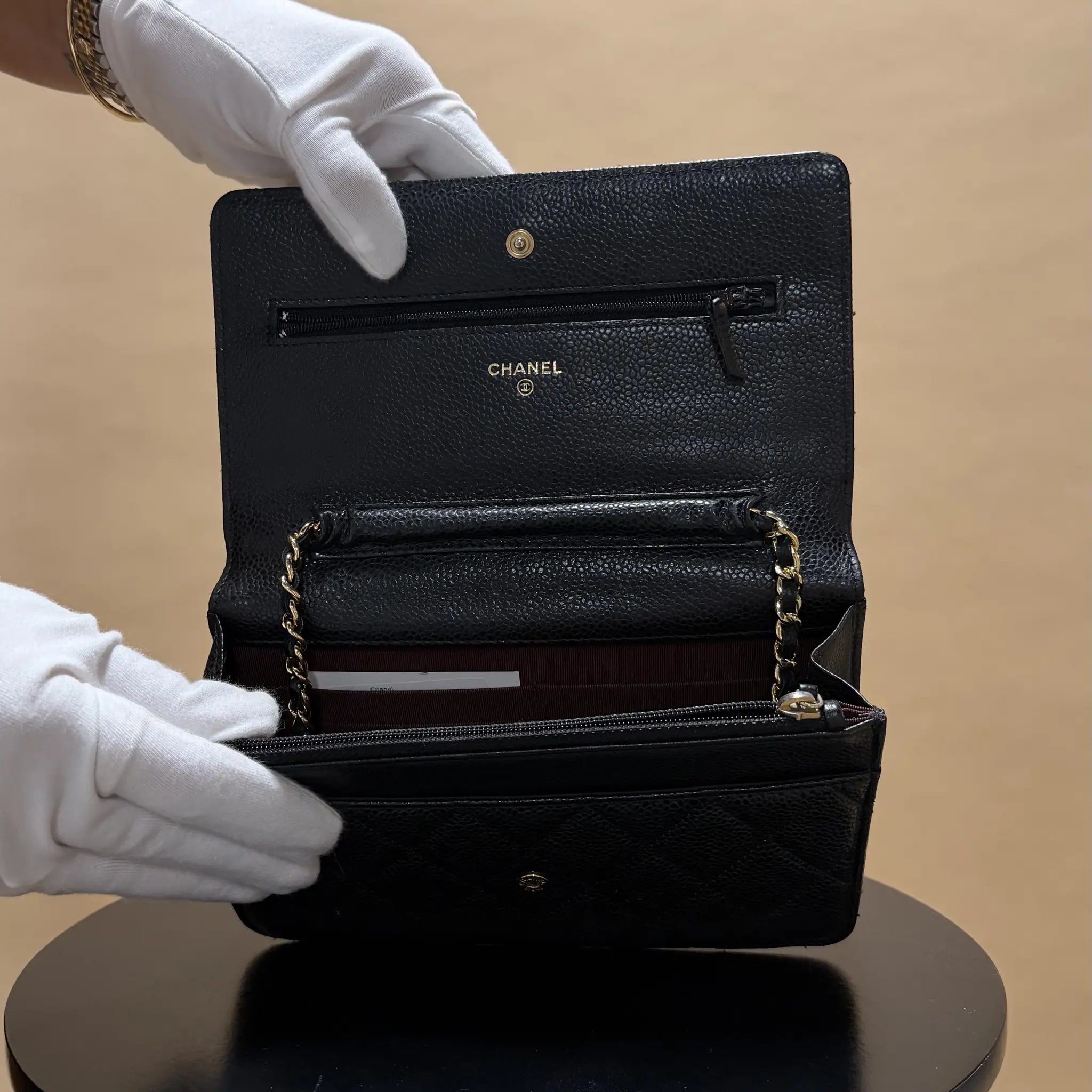 Chanel CC Quilted Caviar Wallet on Chain — Side Profile