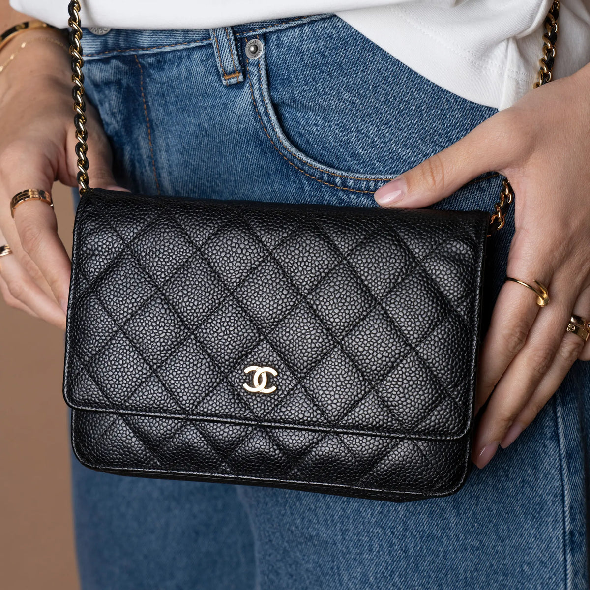 Chanel CC Quilted Caviar Wallet on Chain — Side Profile