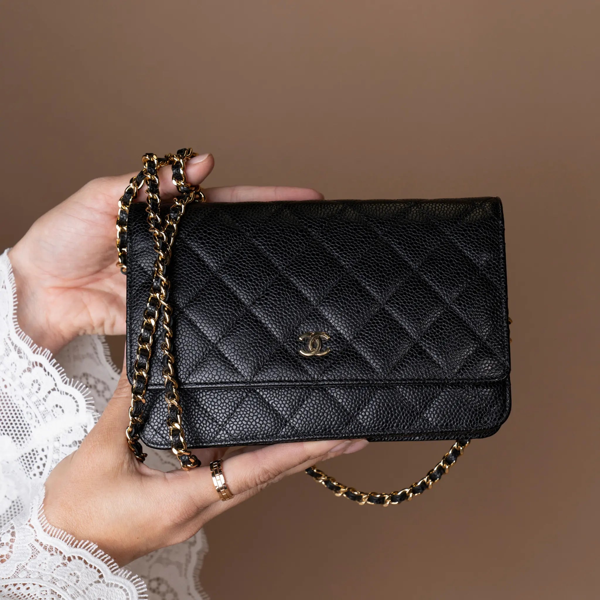 Chanel CC Quilted Caviar Wallet on Chain — Side Profile