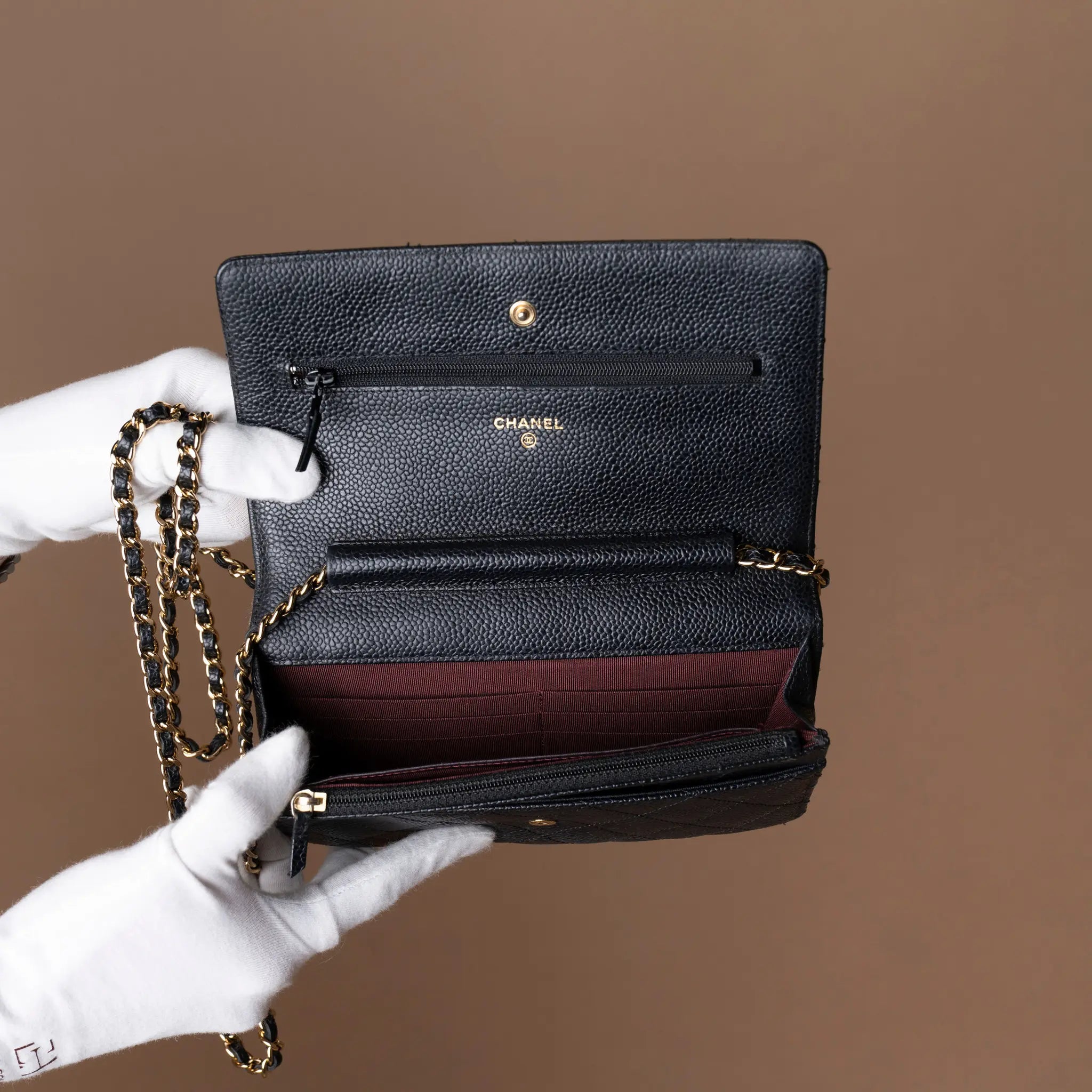 Chanel CC Quilted Caviar Wallet on Chain — Detail View