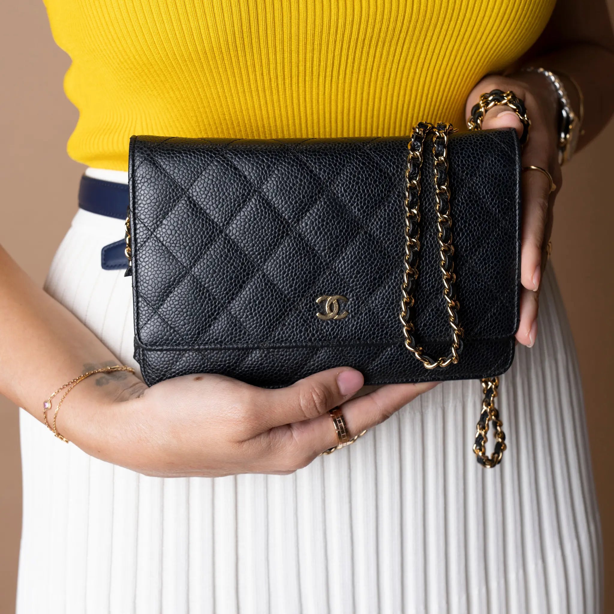 Chanel CC Quilted Caviar Wallet on Chain — Detail View