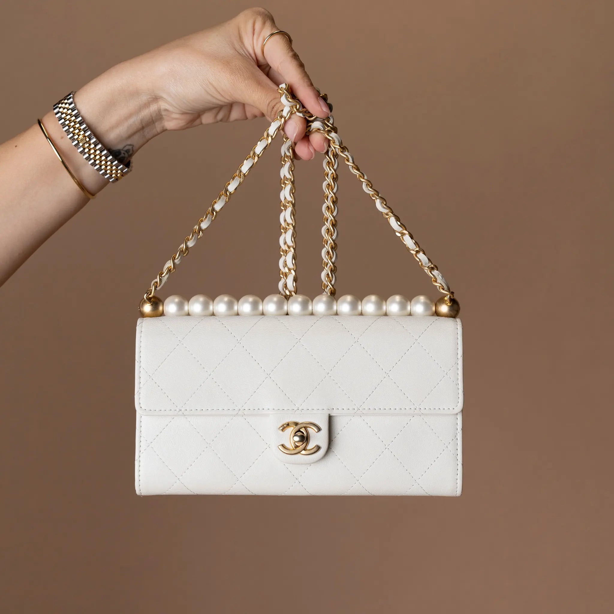 Chanel CC Quilted Goatskin Chic Pearls Wallet on Chain — Front View