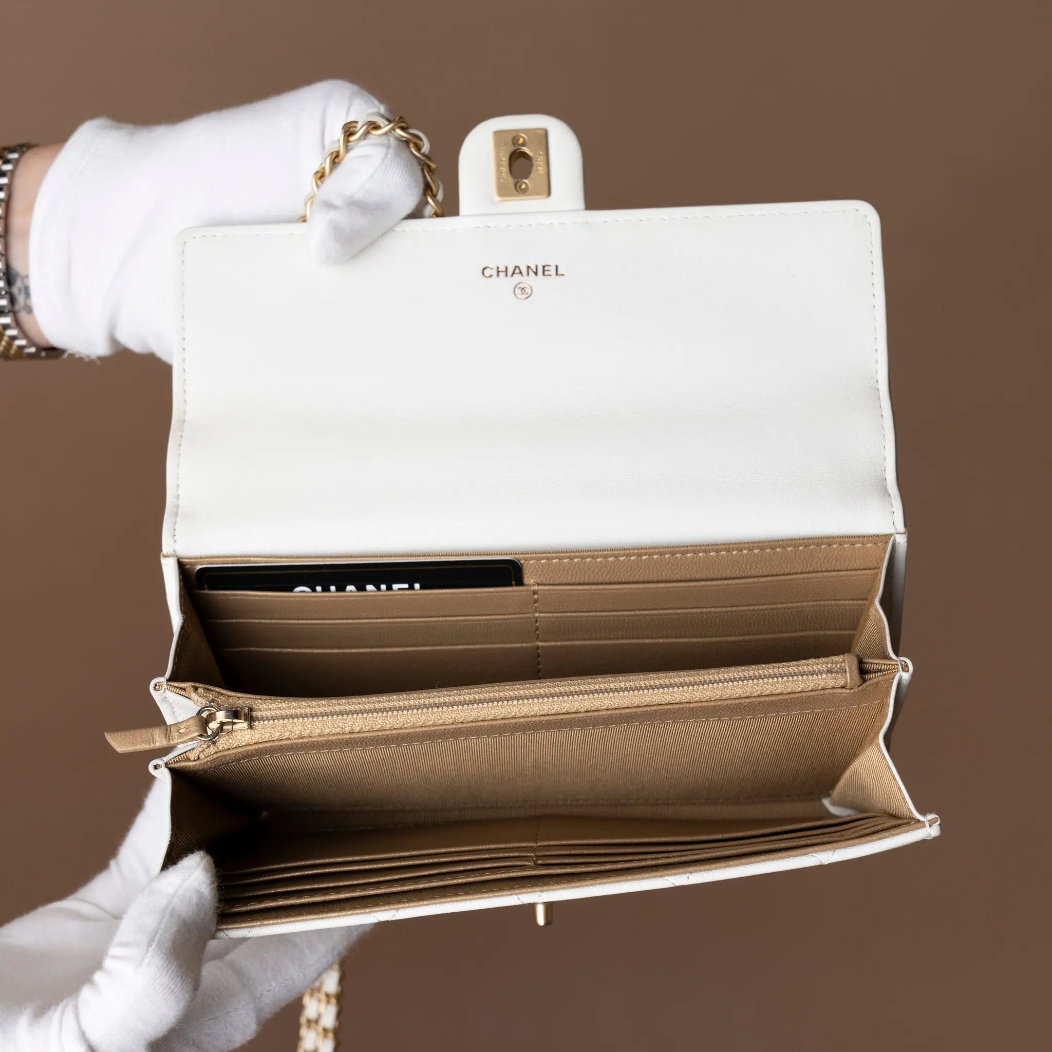Chanel CC Quilted Goatskin Chic Pearls Wallet on Chain — Interior Detail