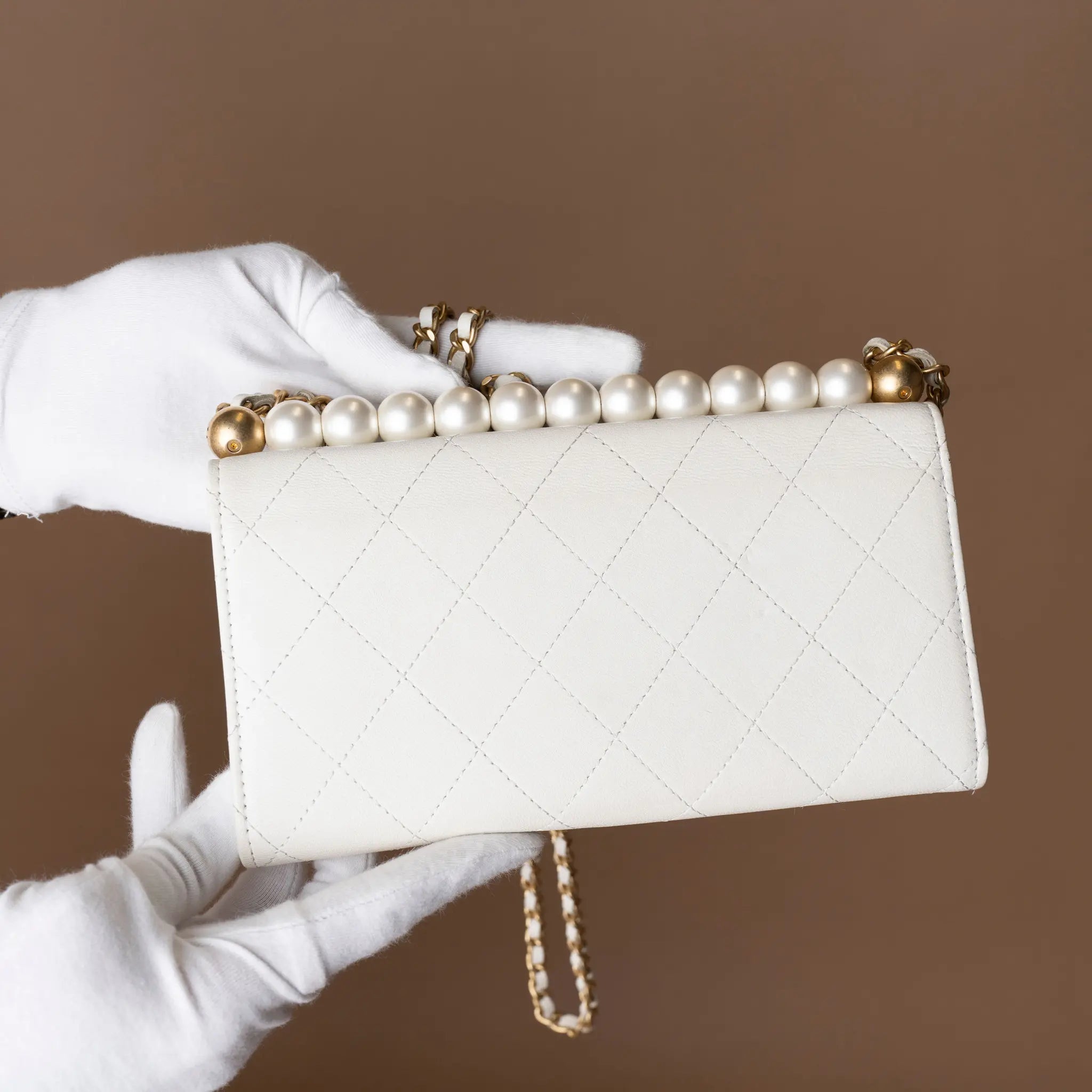 Chanel CC Quilted Goatskin Chic Pearls Wallet on Chain — Detail View