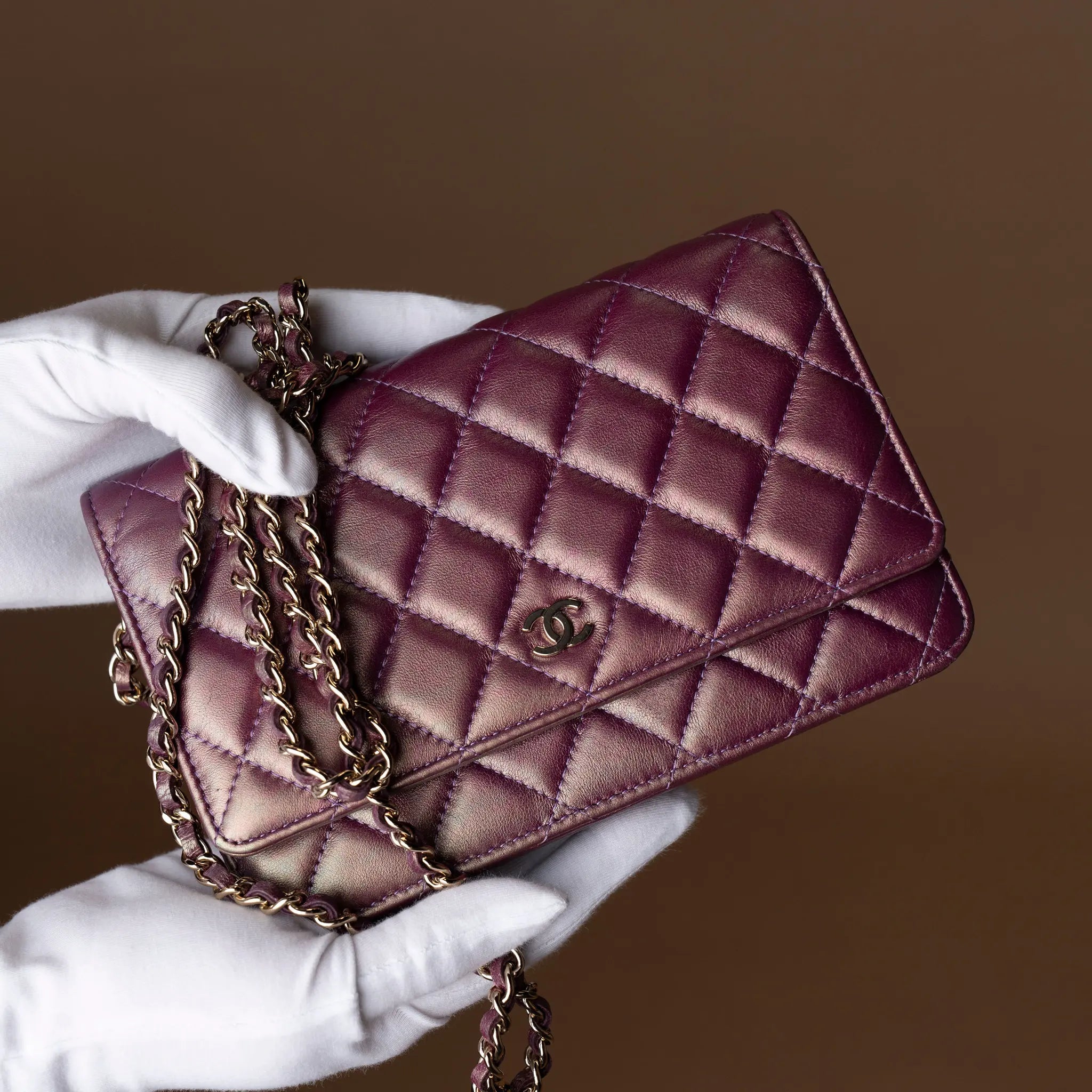 Chanel CC Quilted Iridescent Lambskin Wallet on Chain — Interior Detail