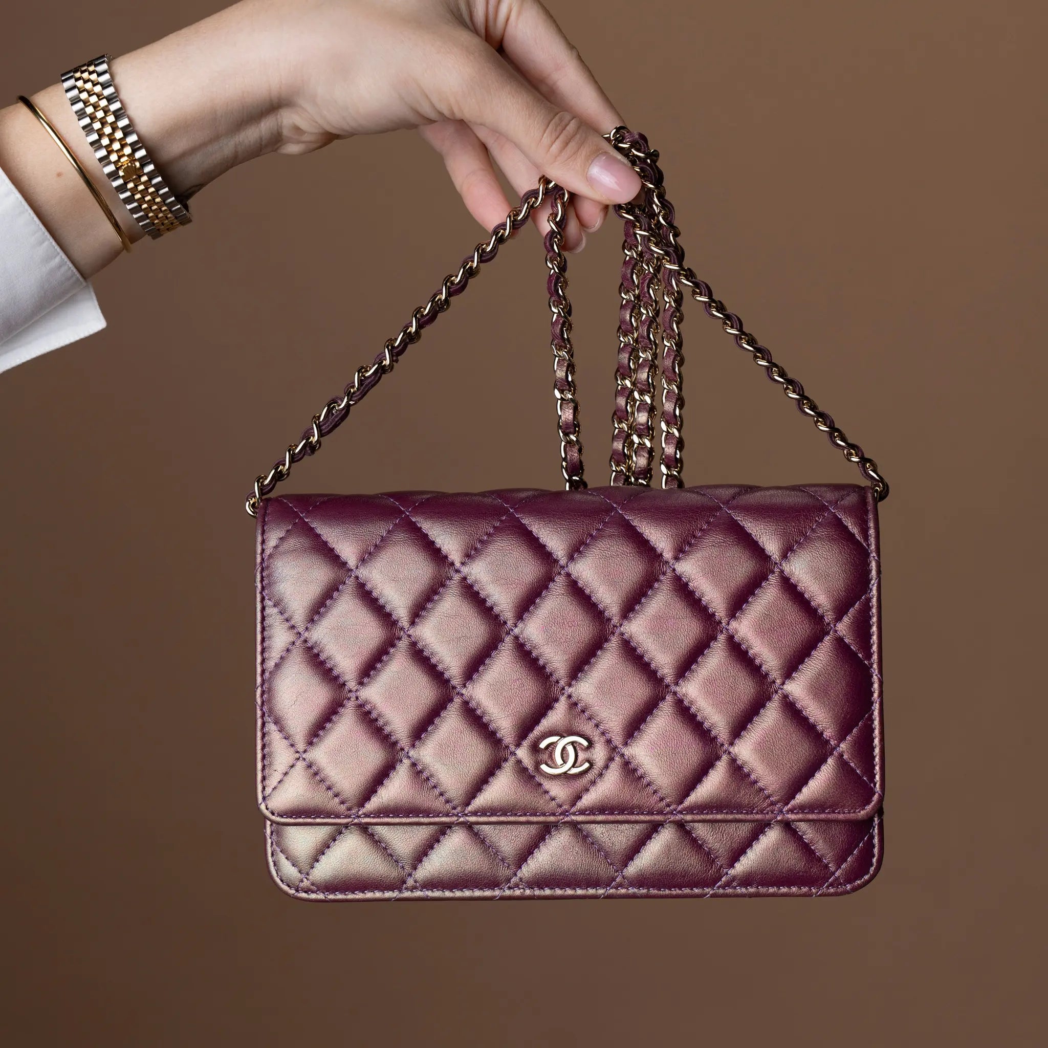 Chanel CC Quilted Iridescent Lambskin Wallet on Chain — Close-up Detail