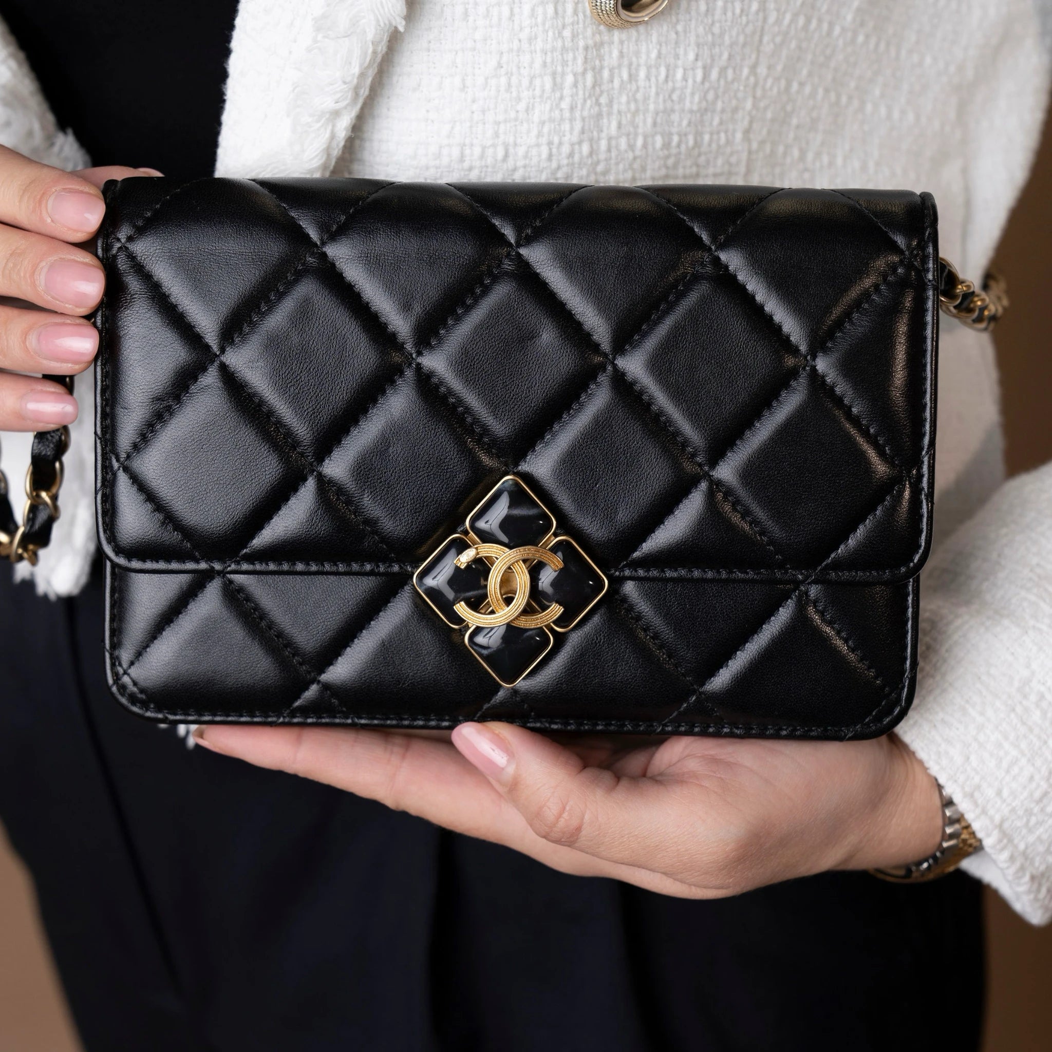 Chanel CC Quilted Lambskin Diamond Lock Wallet on Chain