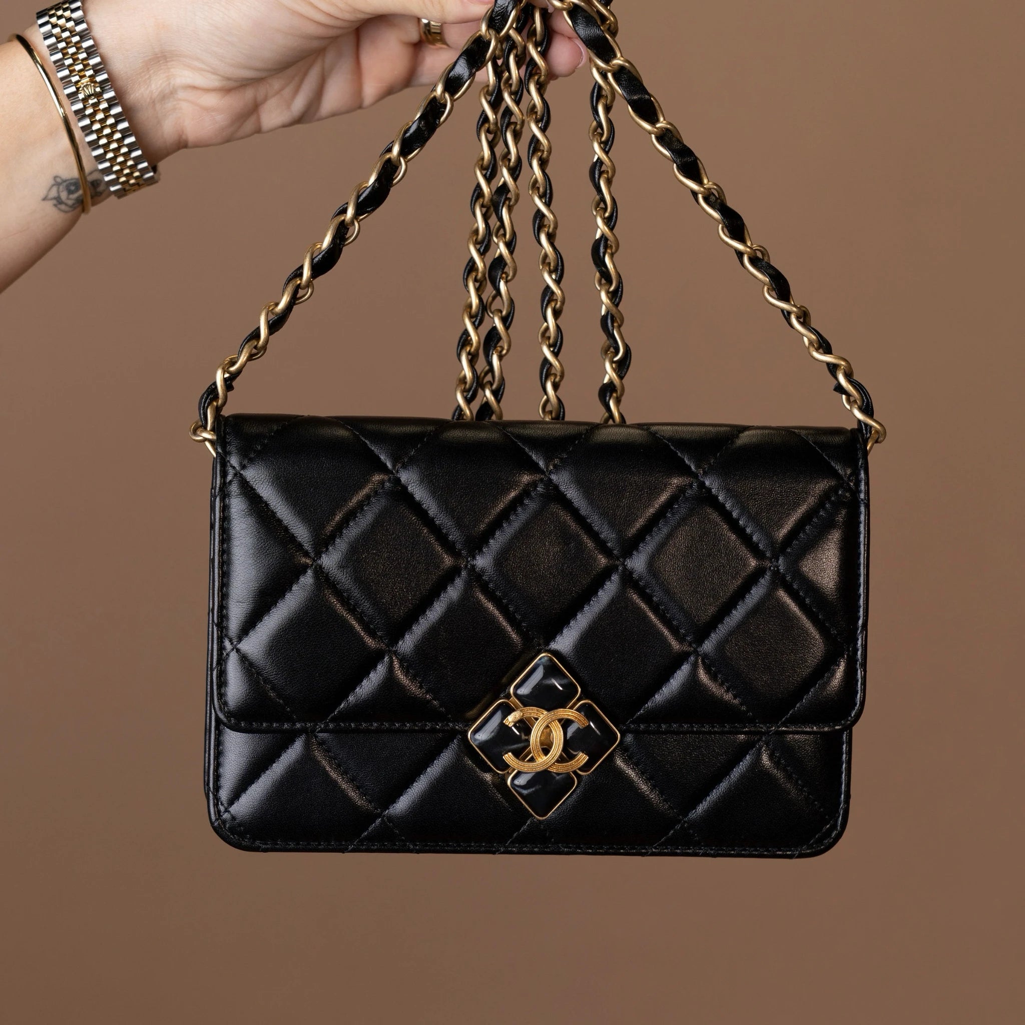 Chanel CC Quilted Lambskin Diamond Lock Wallet on Chain