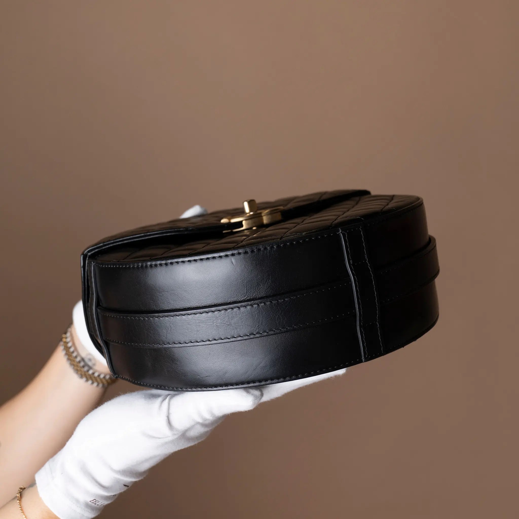 Chanel CC Quilted Lambskin Round Flap — Side Profile