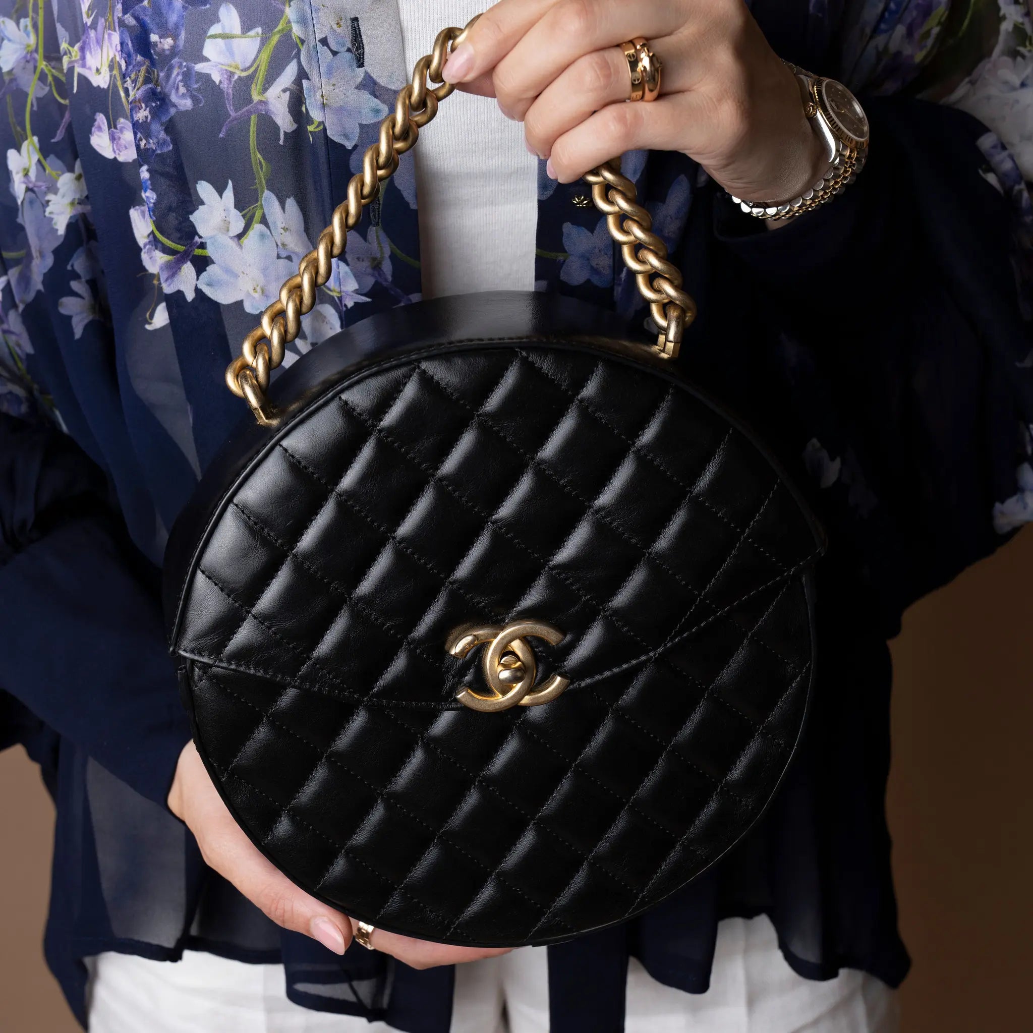 Chanel CC Quilted Lambskin Round Flap — Close-up Detail