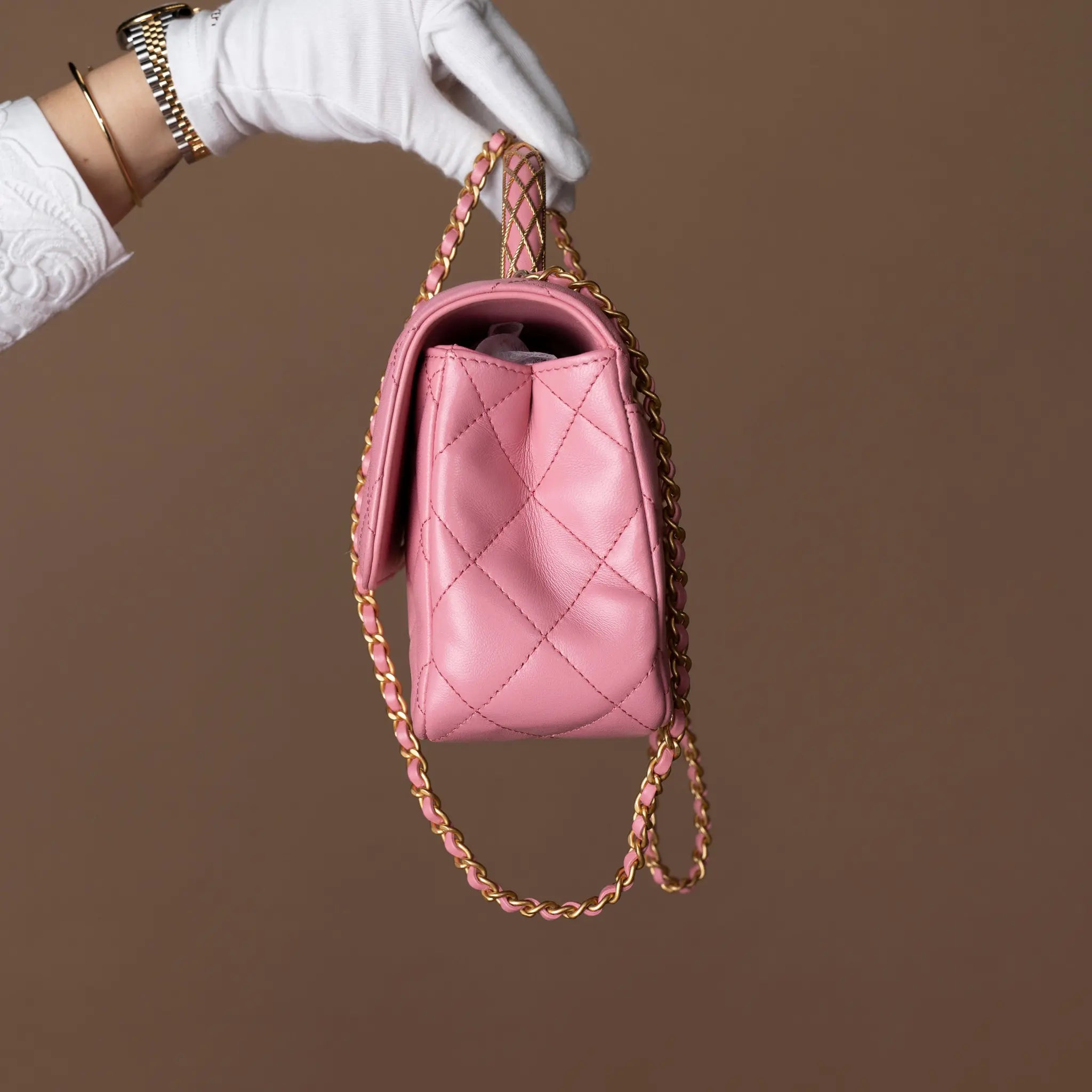 Chanel CC Quilted Lambskin Top Handle Flap — Side Profile