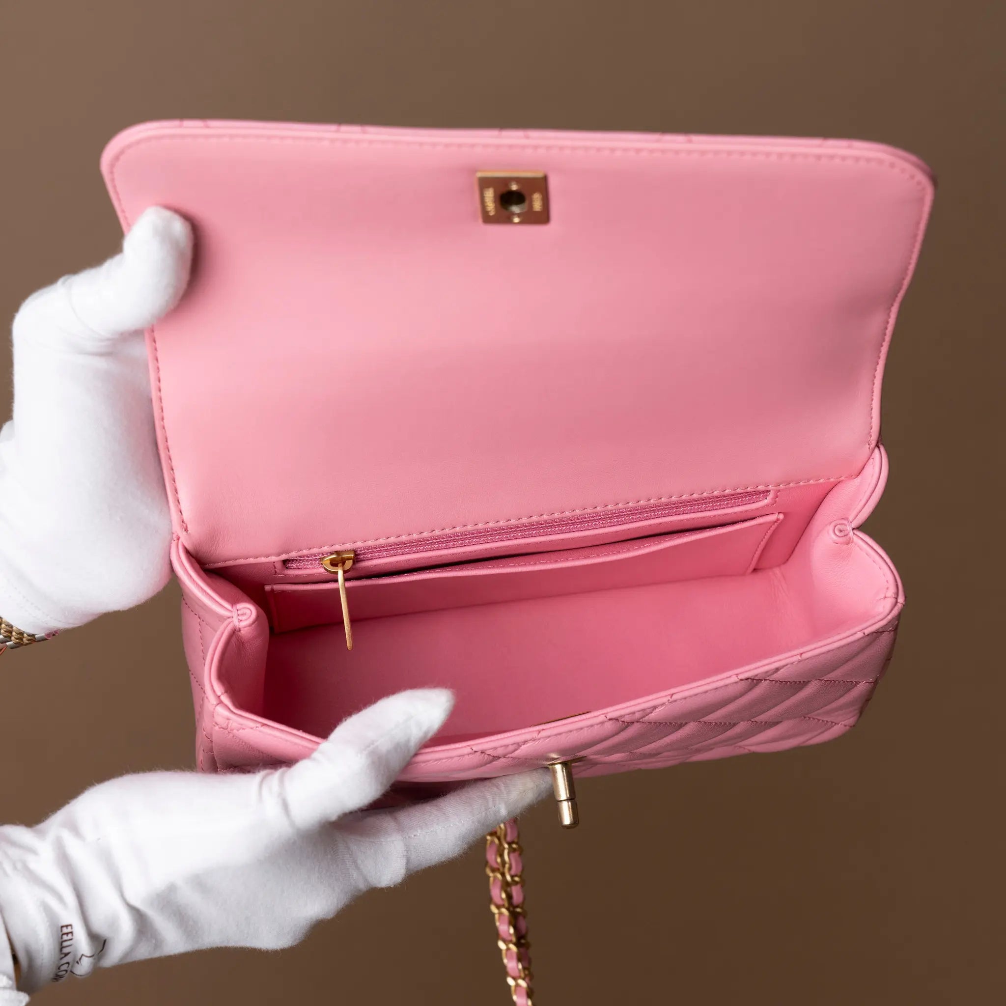 Chanel CC Quilted Lambskin Top Handle Flap — Close-up Detail