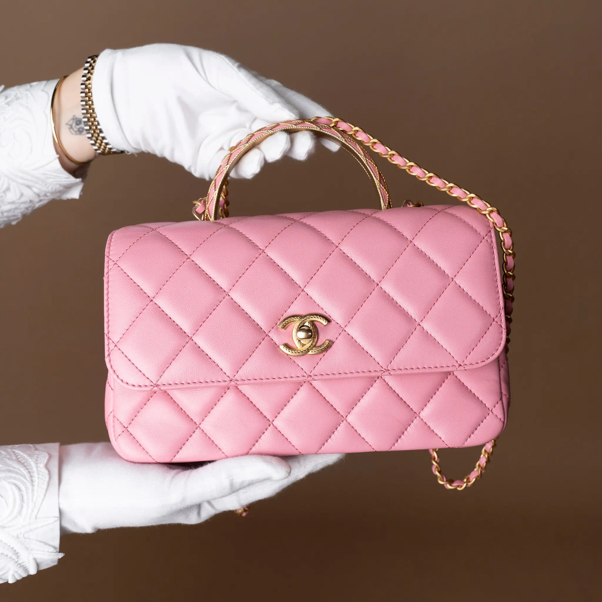 Chanel CC Quilted Lambskin Top Handle Flap — Detail View
