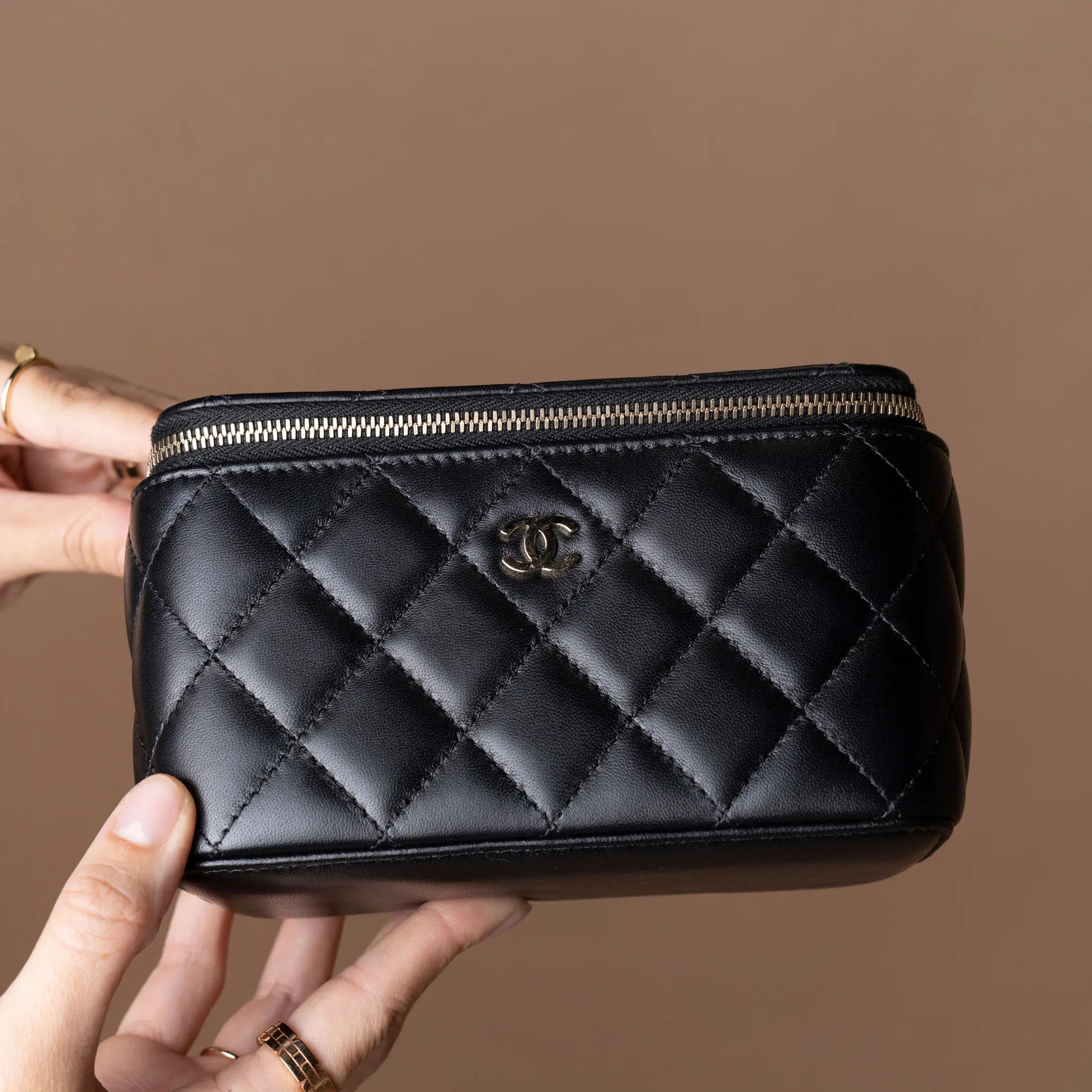 Chanel CC Quilted Lambskin Vanity Case with Chain — Front View