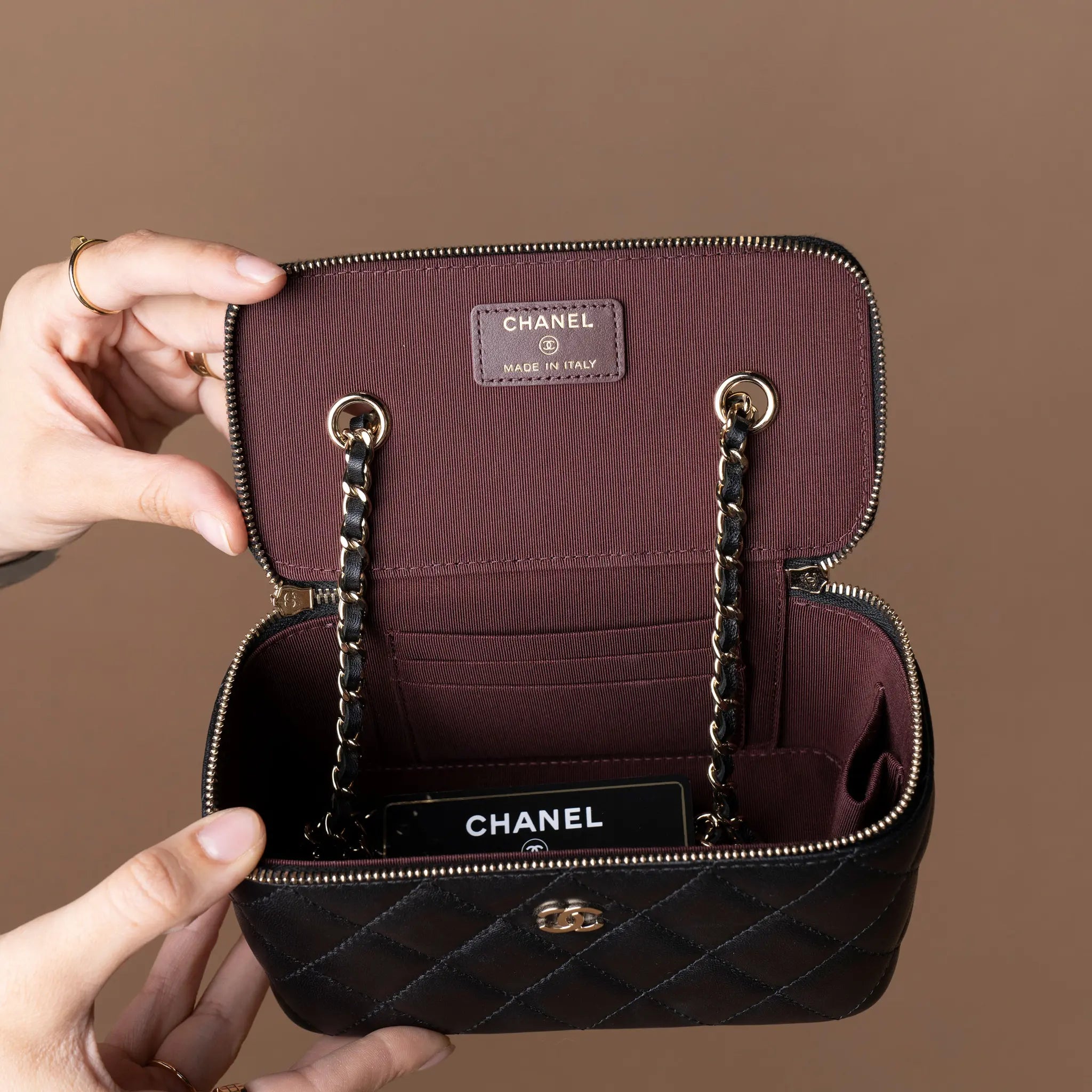 Chanel CC Quilted Lambskin Vanity Case with Chain — Interior Detail