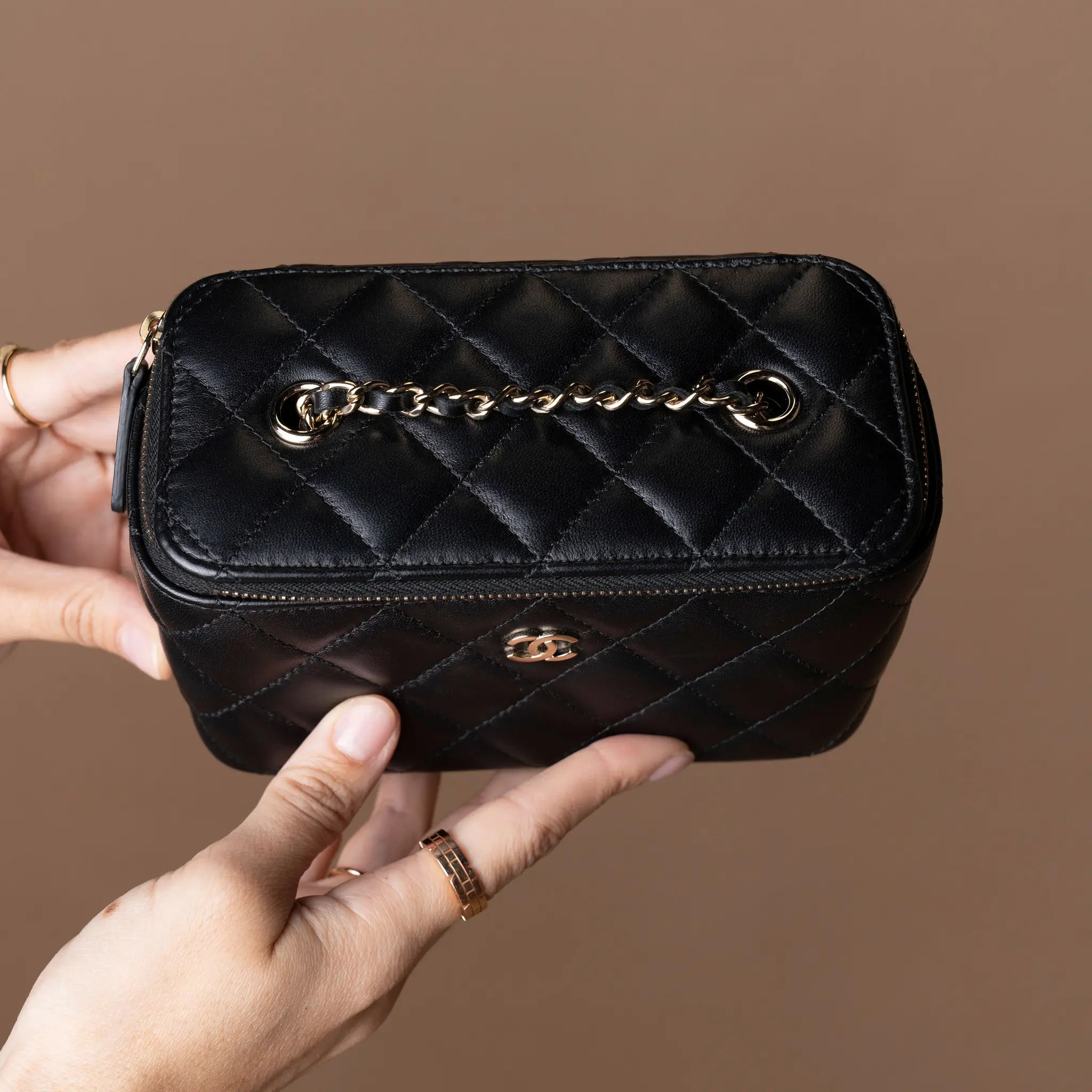 Chanel CC Quilted Lambskin Vanity Case with Chain — Close-up Detail