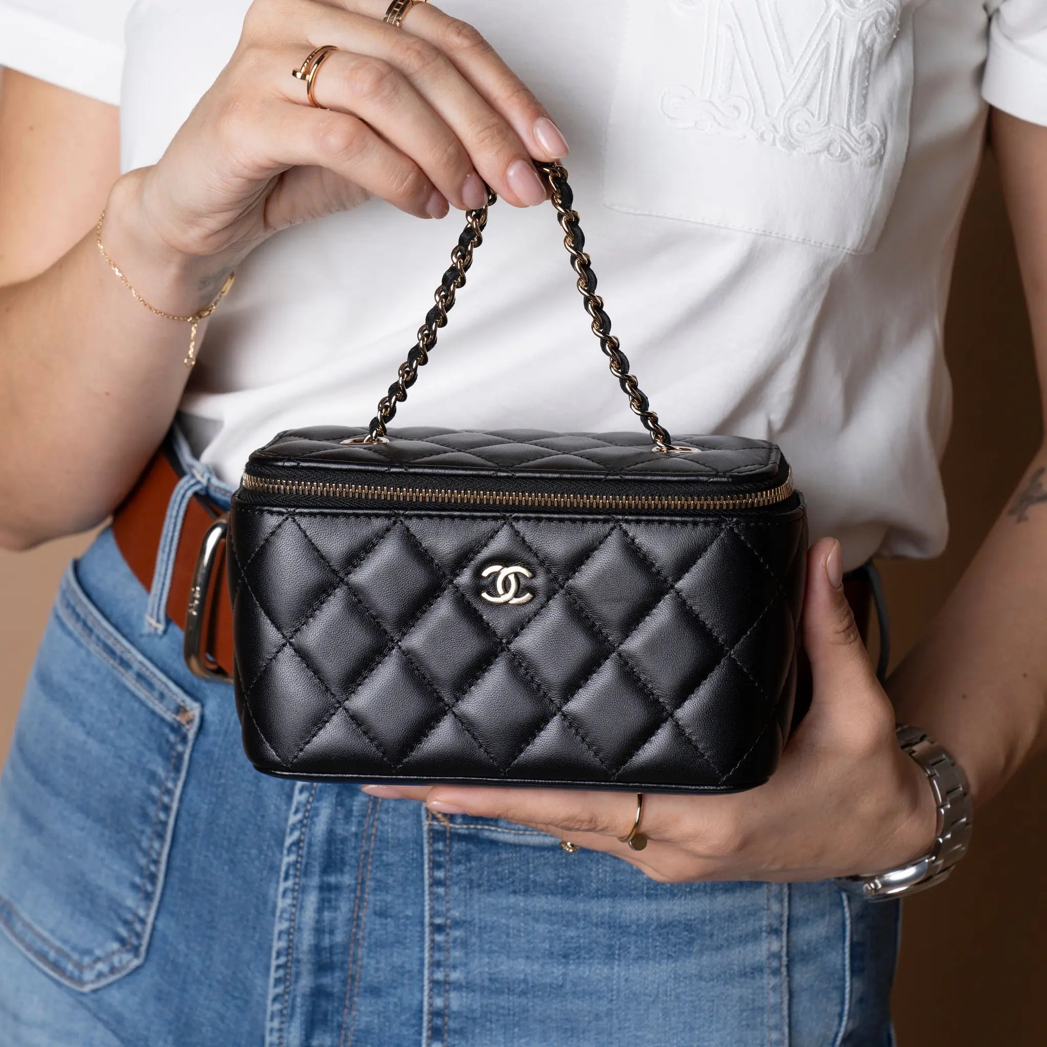 Chanel CC Quilted Lambskin Vanity Case with Chain — Detail View