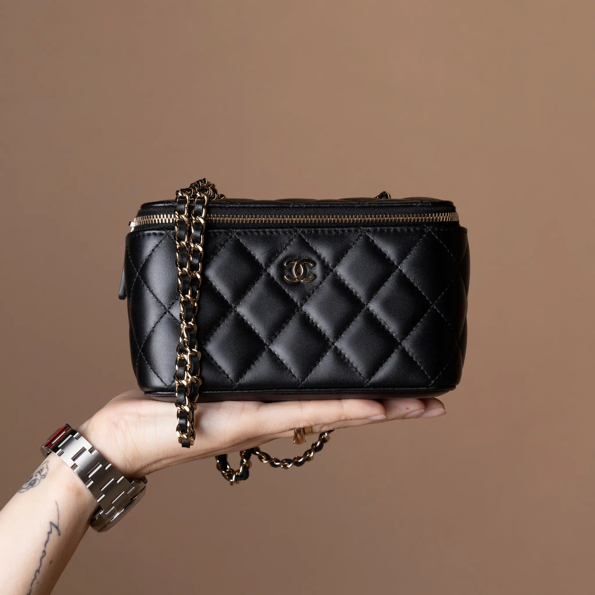 Chanel CC Quilted Lambskin Vanity Case with Chain — Detail View
