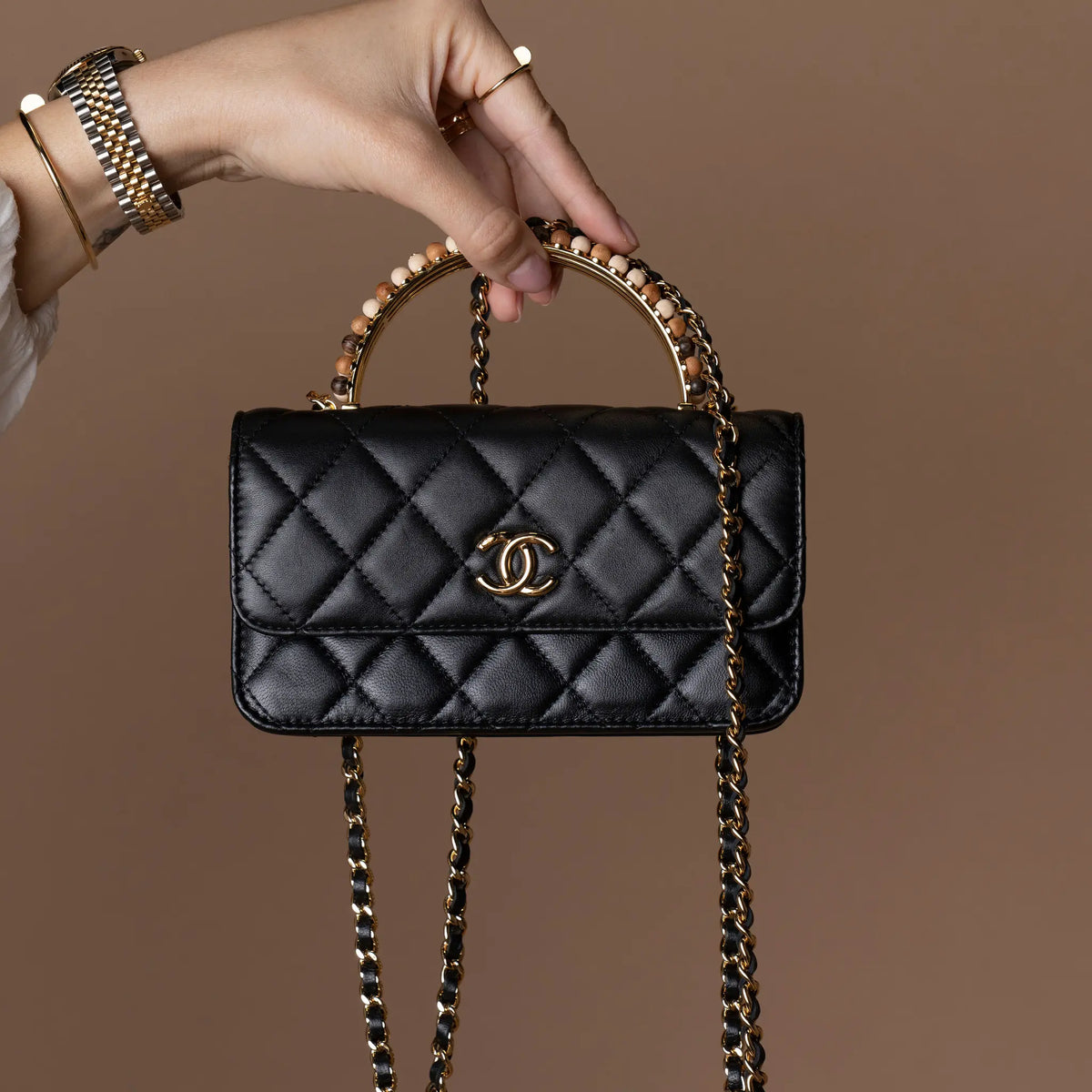Chanel CC Quilted Lambskin Wooden Beads Top Handle Wallet On Chain — Featured Image