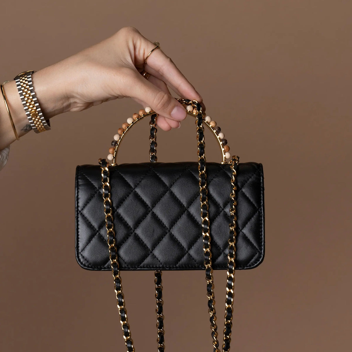 Chanel CC Quilted Lambskin Wooden Beads Top Handle Wallet On Chain — Front View