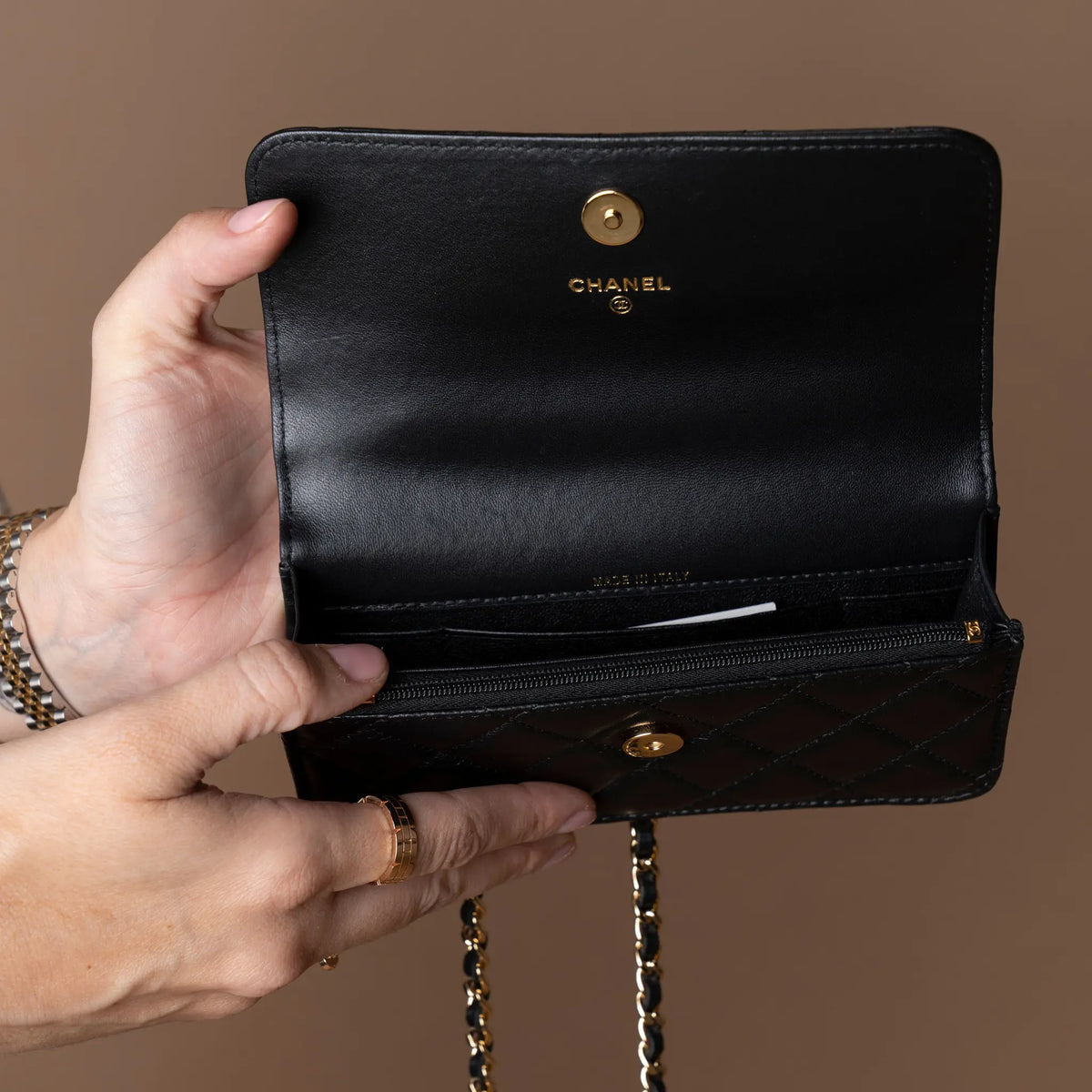 Chanel CC Quilted Lambskin Wooden Beads Top Handle Wallet On Chain — Side Profile