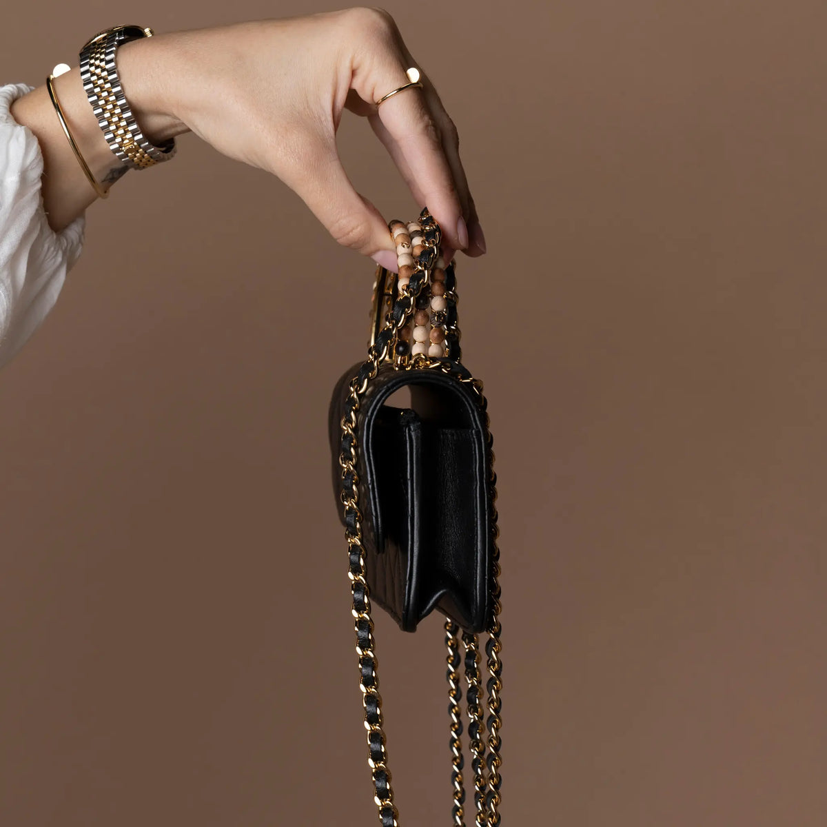 Chanel CC Quilted Lambskin Wooden Beads Top Handle Wallet On Chain — Interior Detail