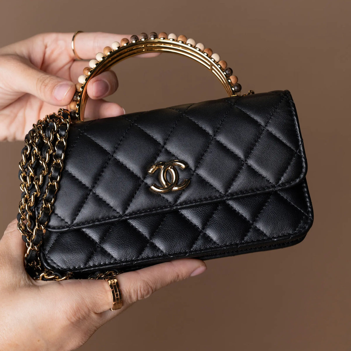Chanel CC Quilted Lambskin Wooden Beads Top Handle Wallet On Chain — Close-up Detail