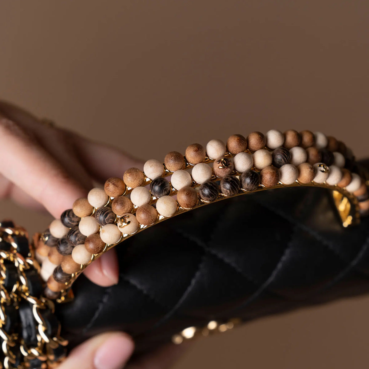 Chanel CC Quilted Lambskin Wooden Beads Top Handle Wallet On Chain — Detail View
