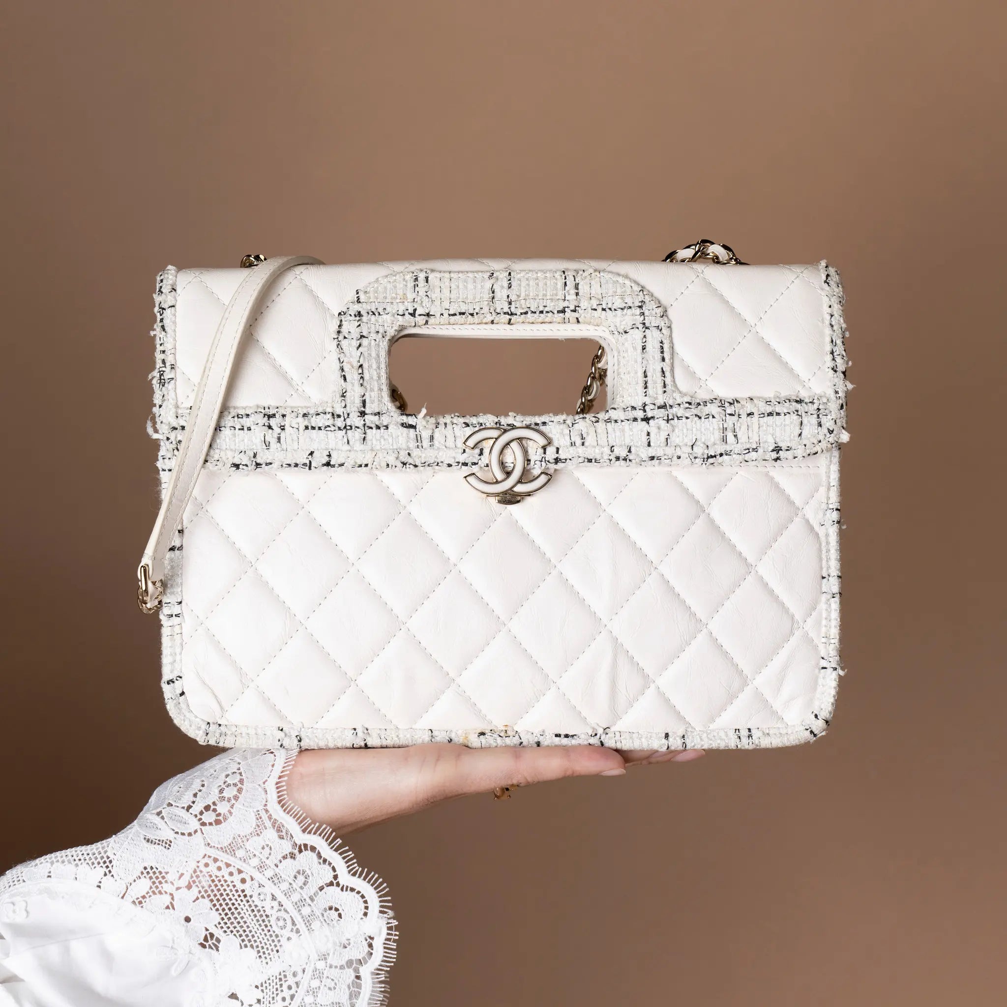 Chanel CC Tweed Trimmed Quilted Aged Calfskin Cutout Handle Bag — Featured Image