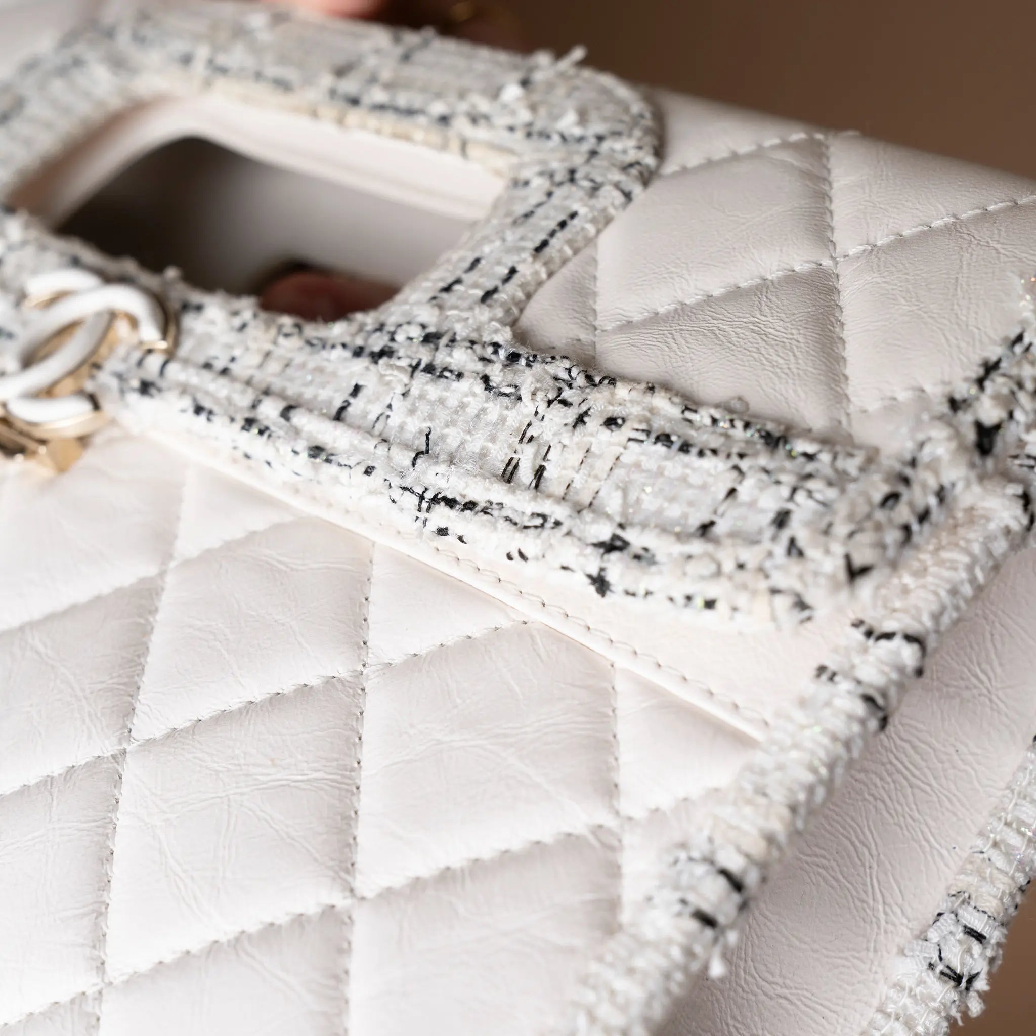 Chanel CC Tweed Trimmed Quilted Aged Calfskin Cutout Handle Bag — Detail View