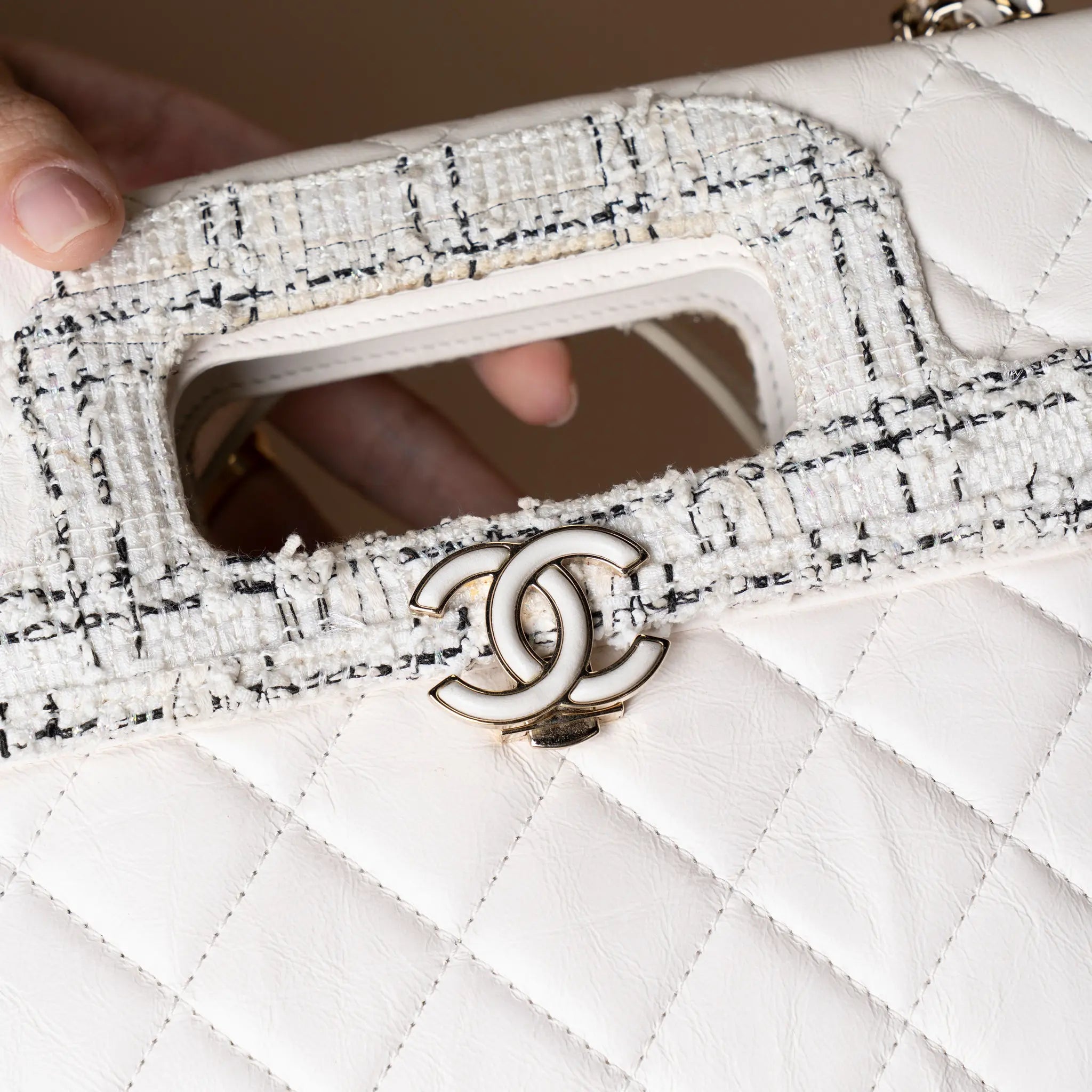 Chanel CC Tweed Trimmed Quilted Aged Calfskin Cutout Handle Bag — Detail View