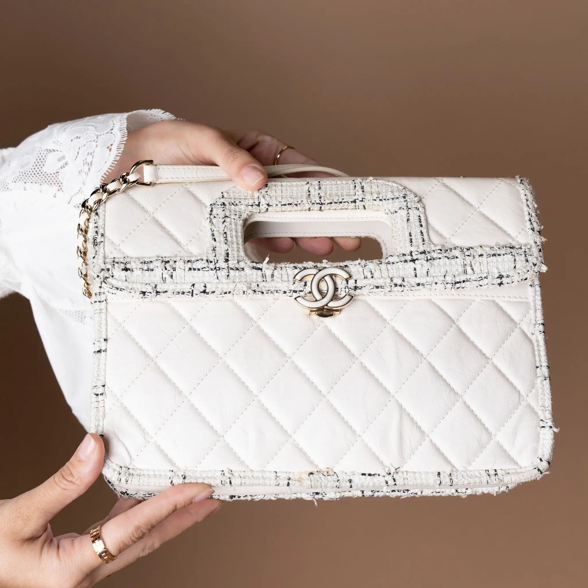 Chanel CC Tweed Trimmed Quilted Aged Calfskin Cutout Handle Bag — Detail View