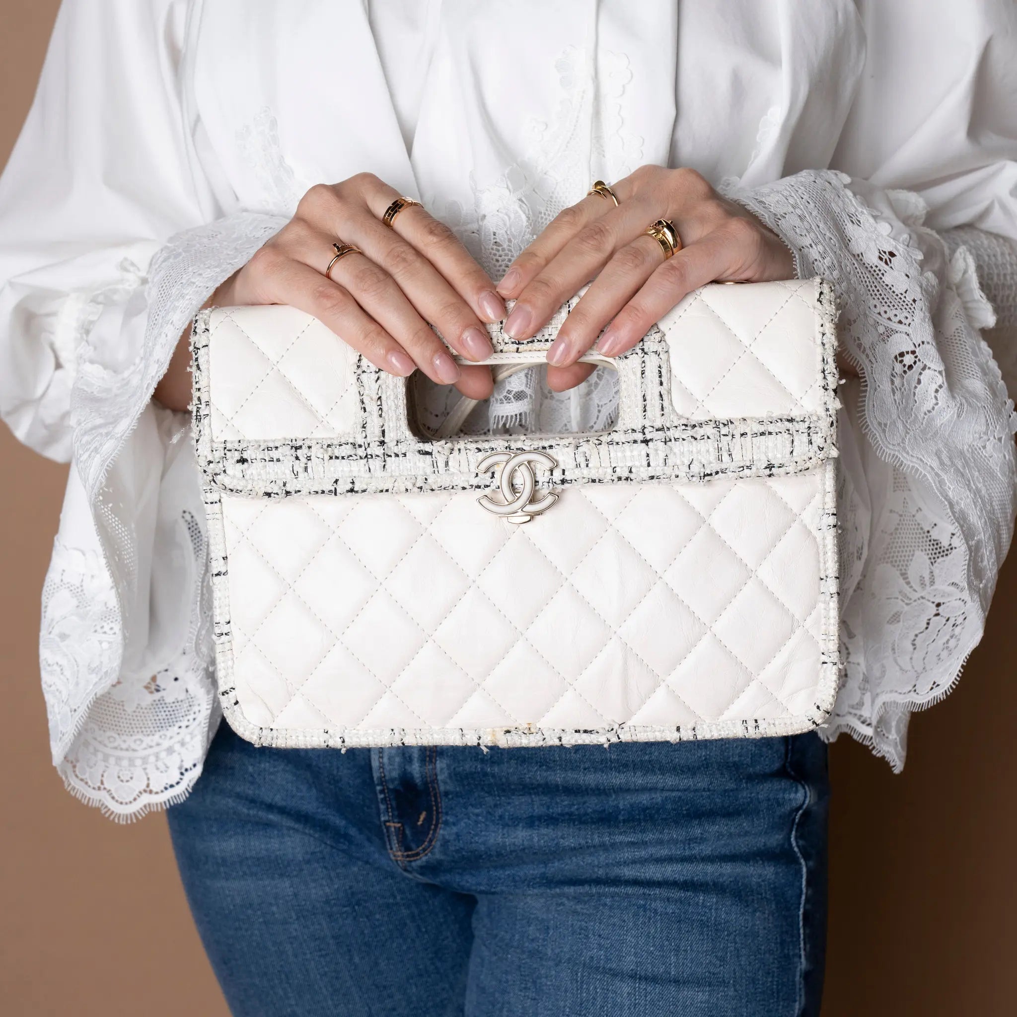Chanel CC Tweed Trimmed Quilted Aged Calfskin Cutout Handle Bag — Front View