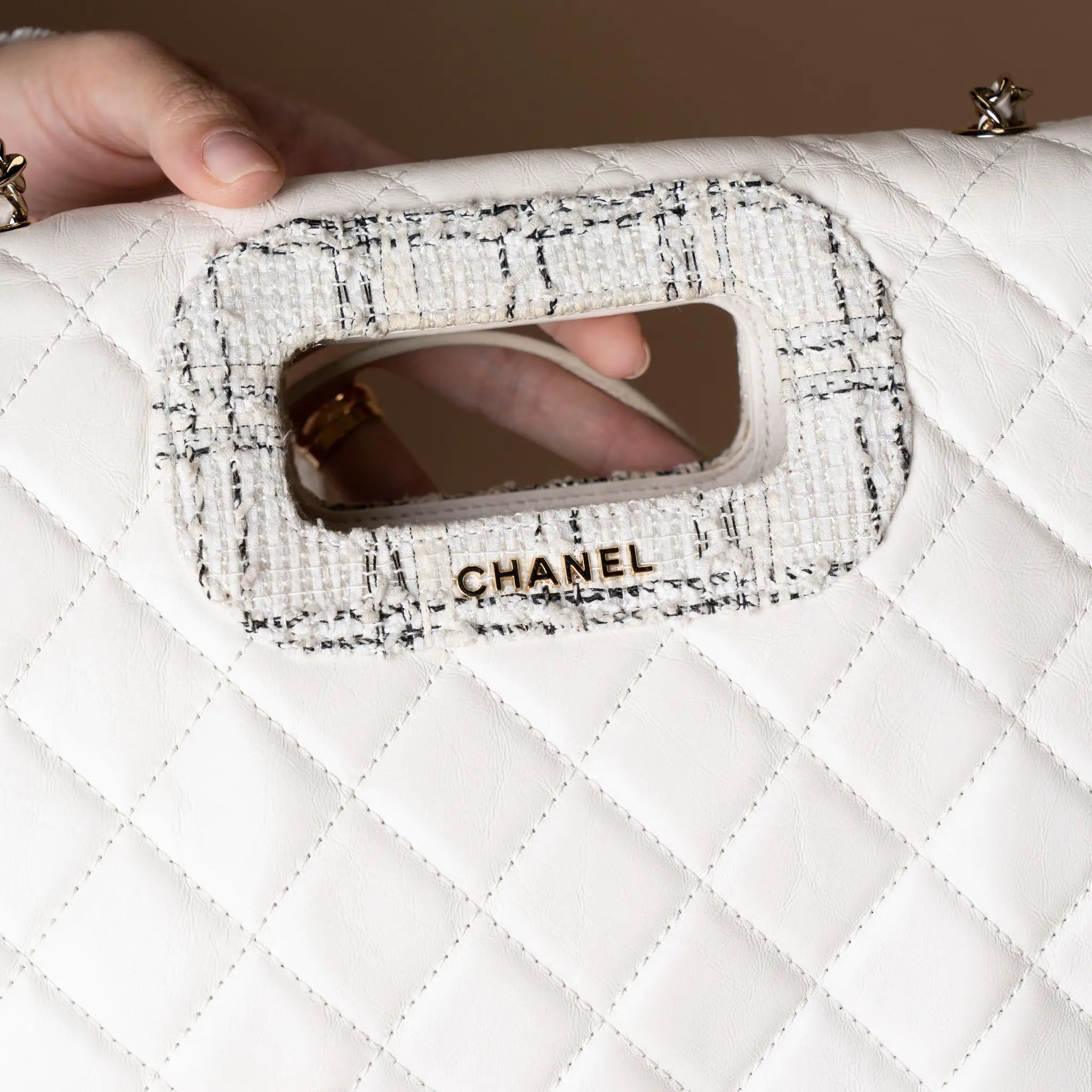 Chanel CC Tweed Trimmed Quilted Aged Calfskin Cutout Handle Bag — Back View