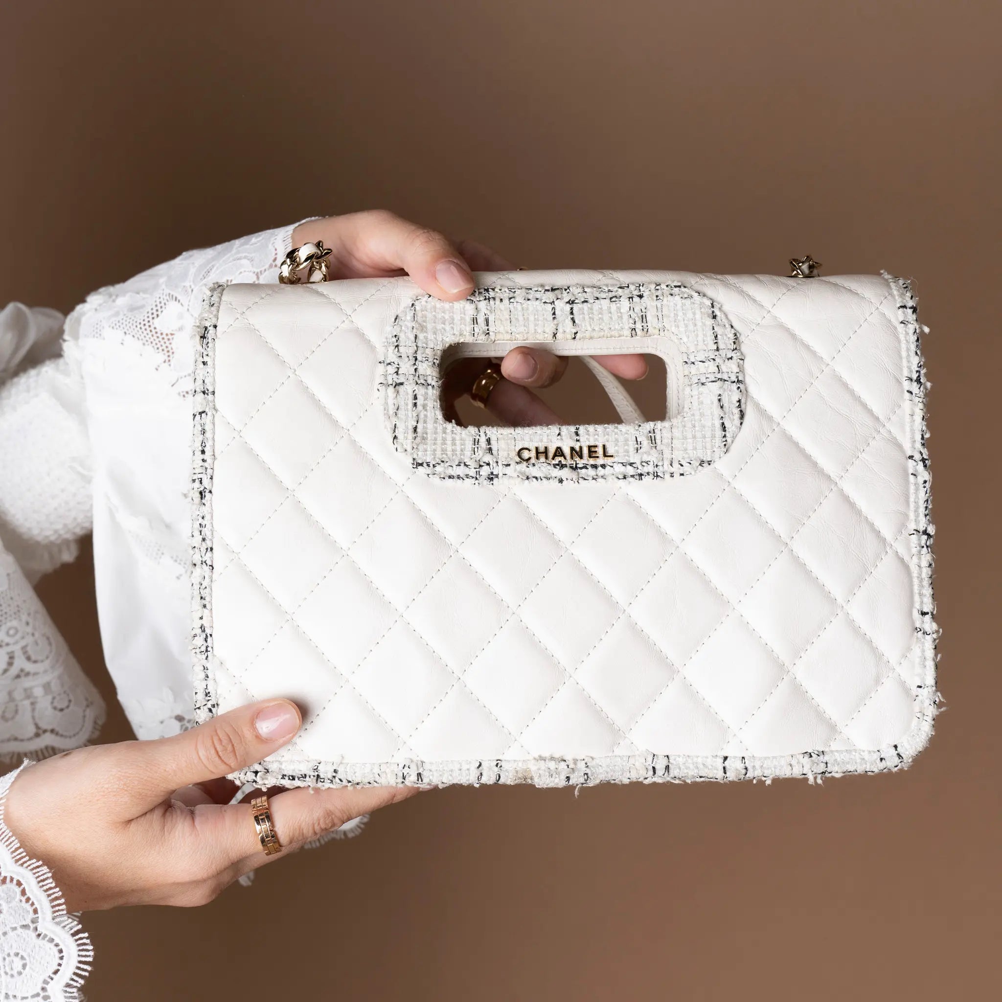 Chanel CC Tweed Trimmed Quilted Aged Calfskin Cutout Handle Bag — Detail View
